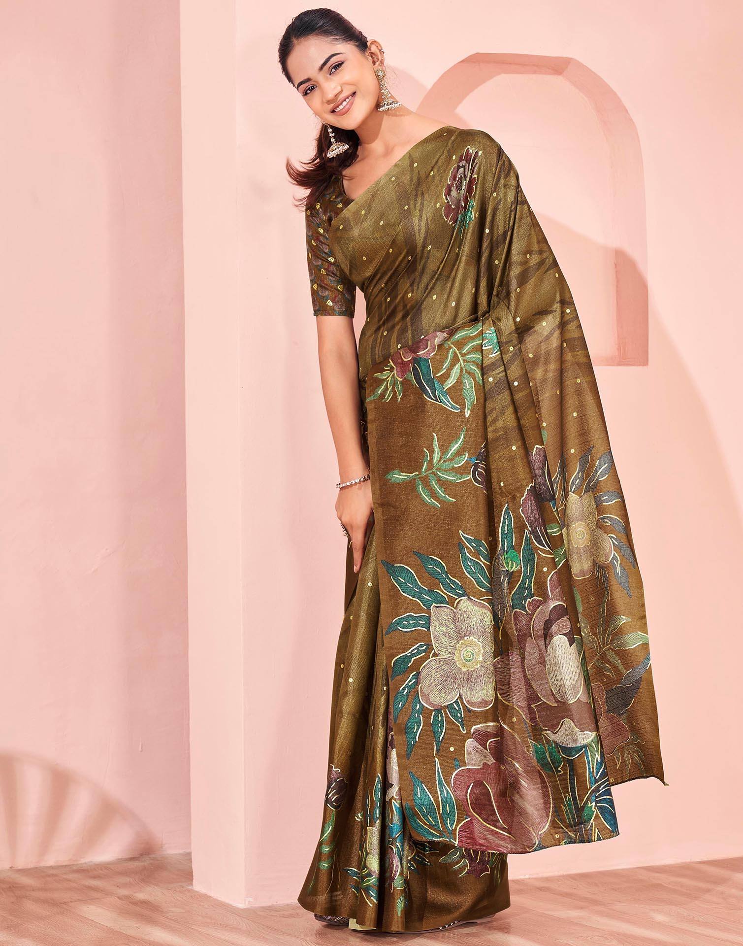 Ready To Wear Olive Green Silk Foil Printed Saree