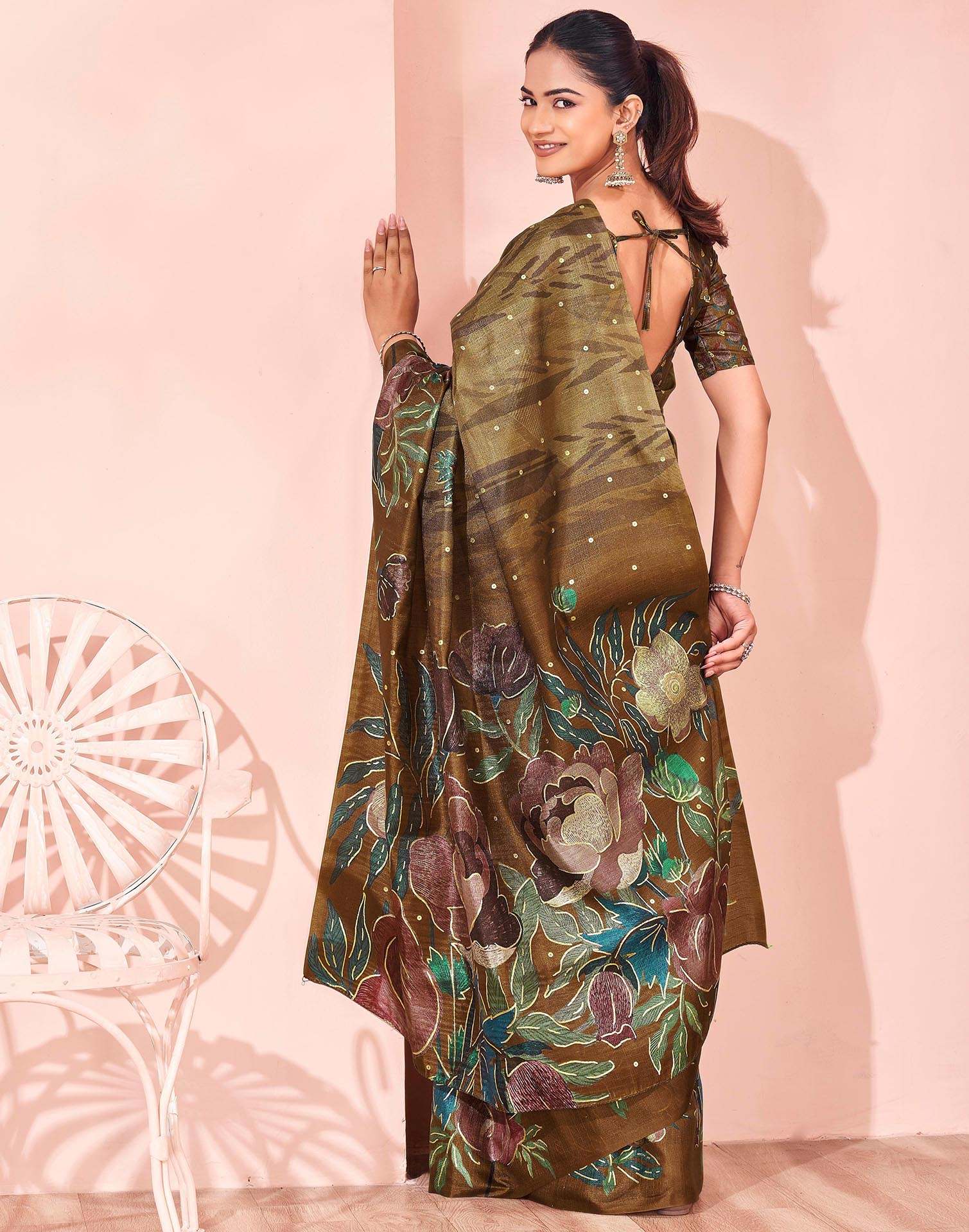 Ready To Wear Olive Green Silk Foil Printed Saree