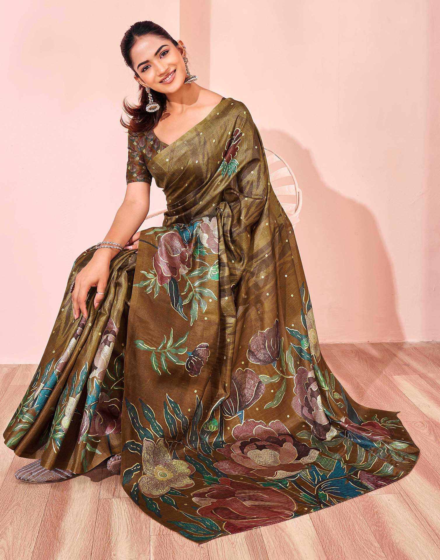 Ready To Wear Olive Green Silk Foil Printed Saree