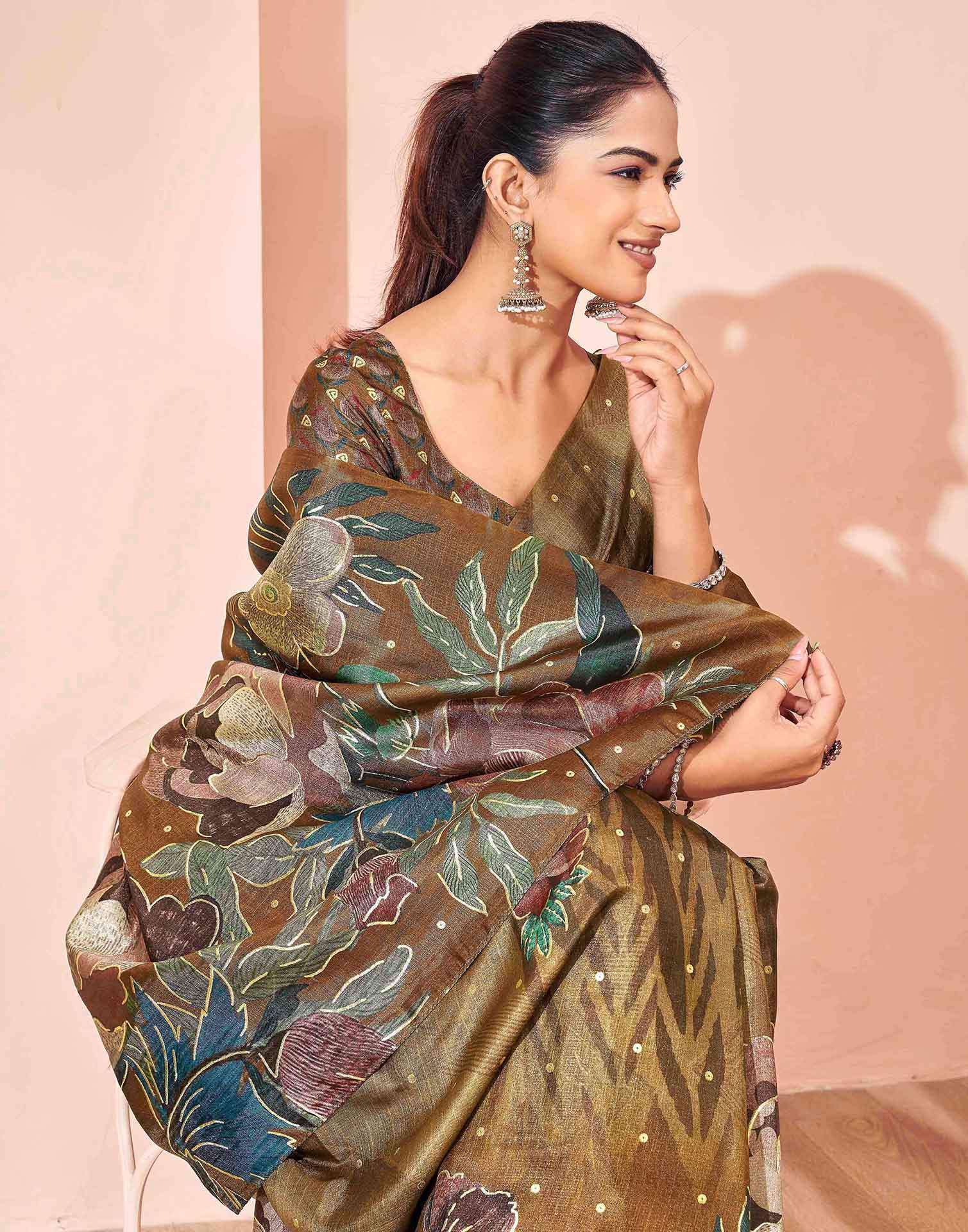 Ready To Wear Olive Green Silk Foil Printed Saree