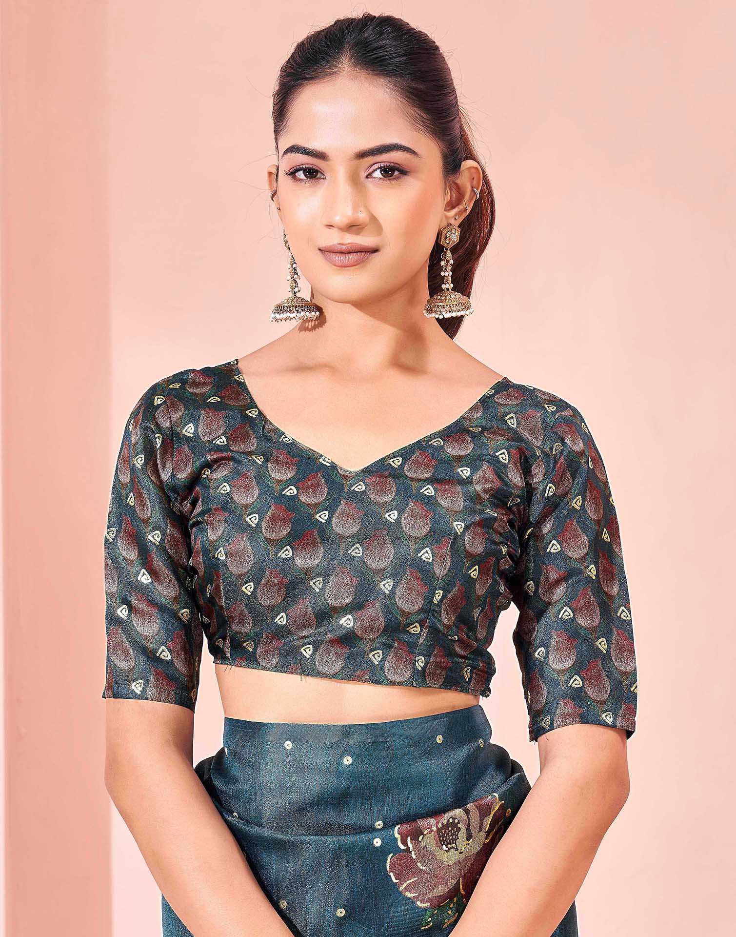 Ready To Wear Dark Peacock Blue Silk Foil Printed Saree