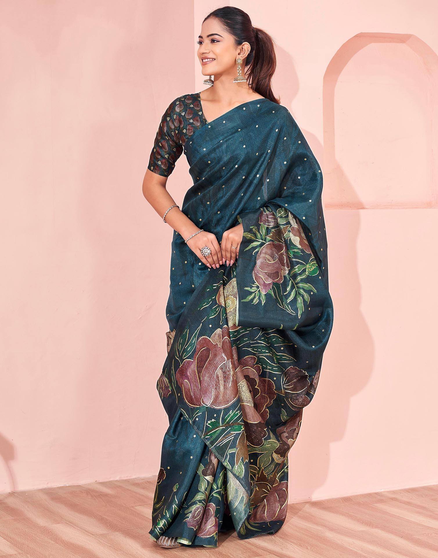 Ready To Wear Dark Peacock Blue Silk Foil Printed Saree