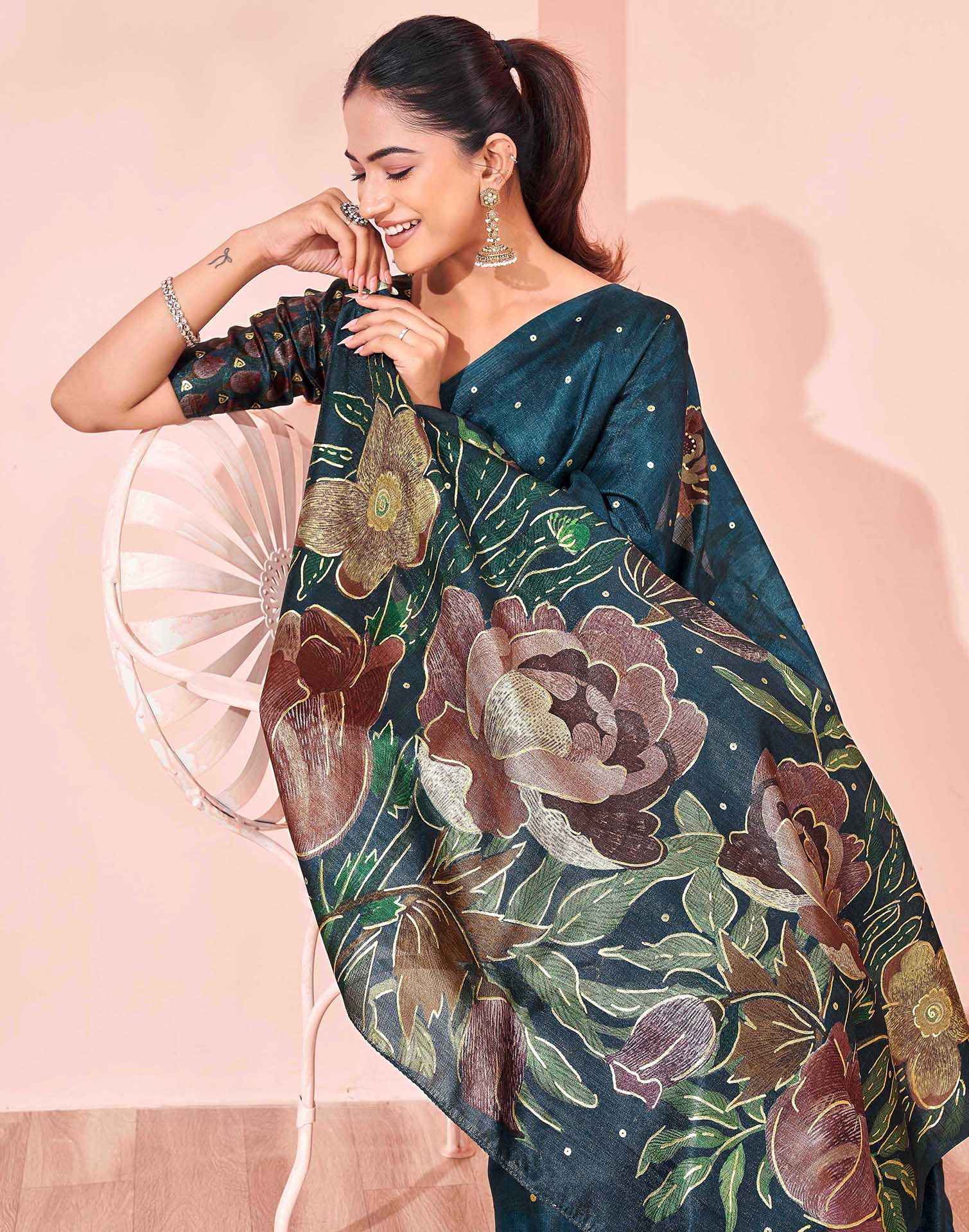 Ready To Wear Dark Peacock Blue Silk Foil Printed Saree