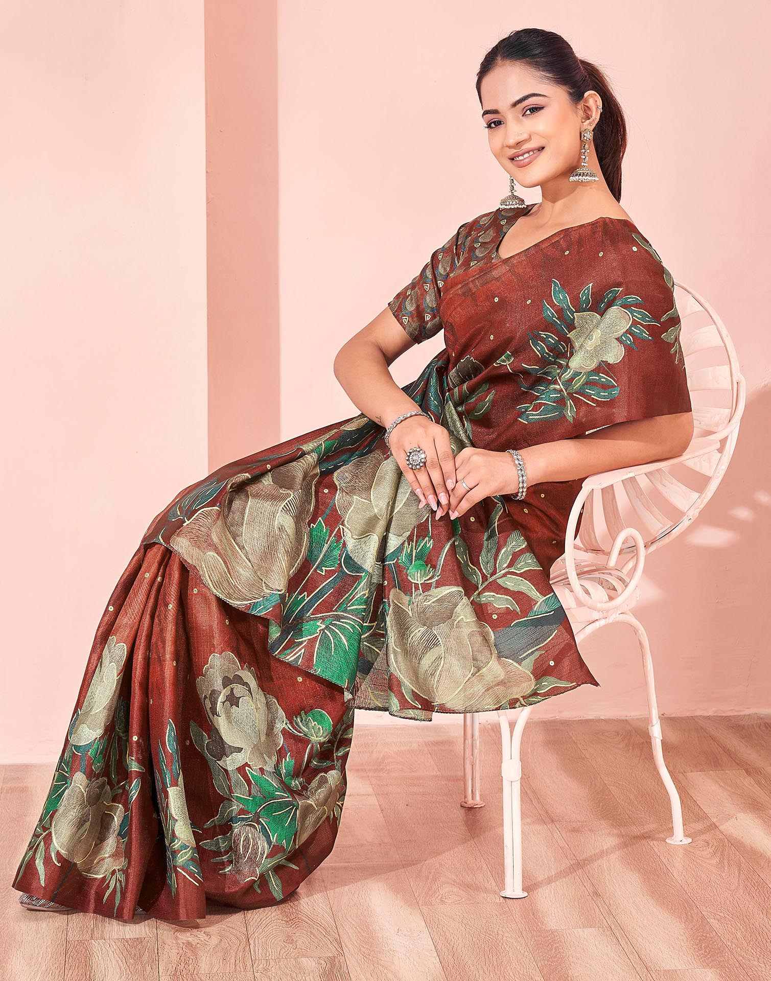 Ready To Wear Maroon Silk Foil Printed Saree