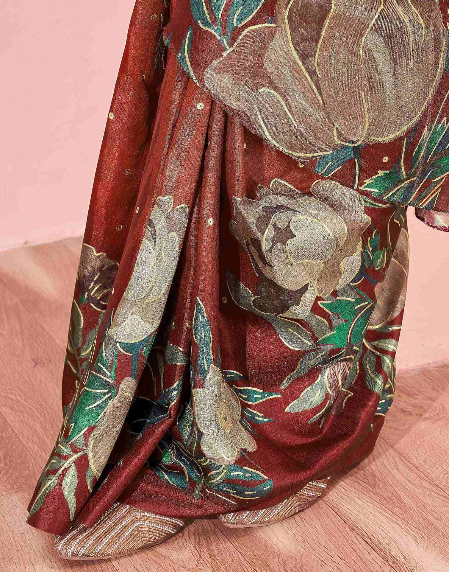 Ready To Wear Maroon Silk Foil Printed Saree