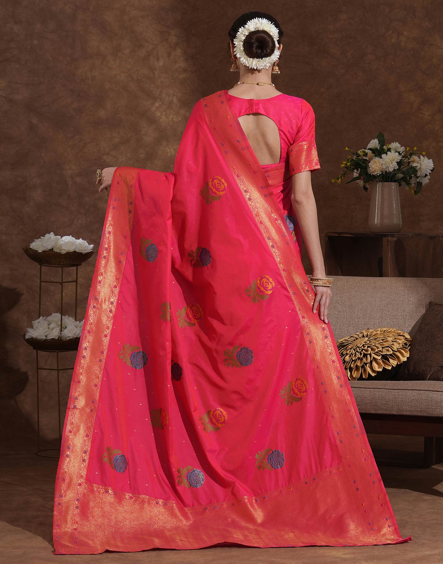 Bright Pink Silk Woven Banarasi Saree