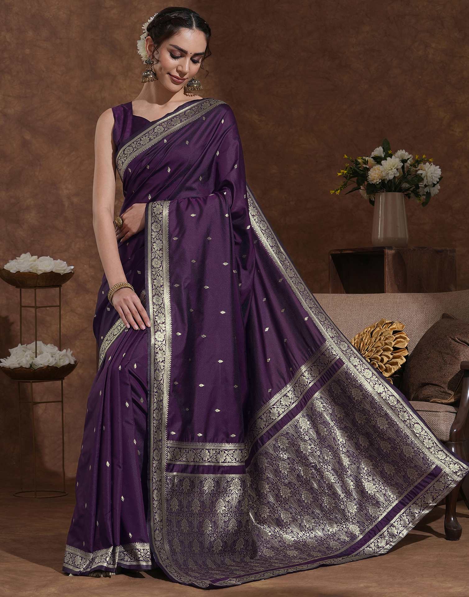 Dark Purple Silk Woven Banarasi Saree