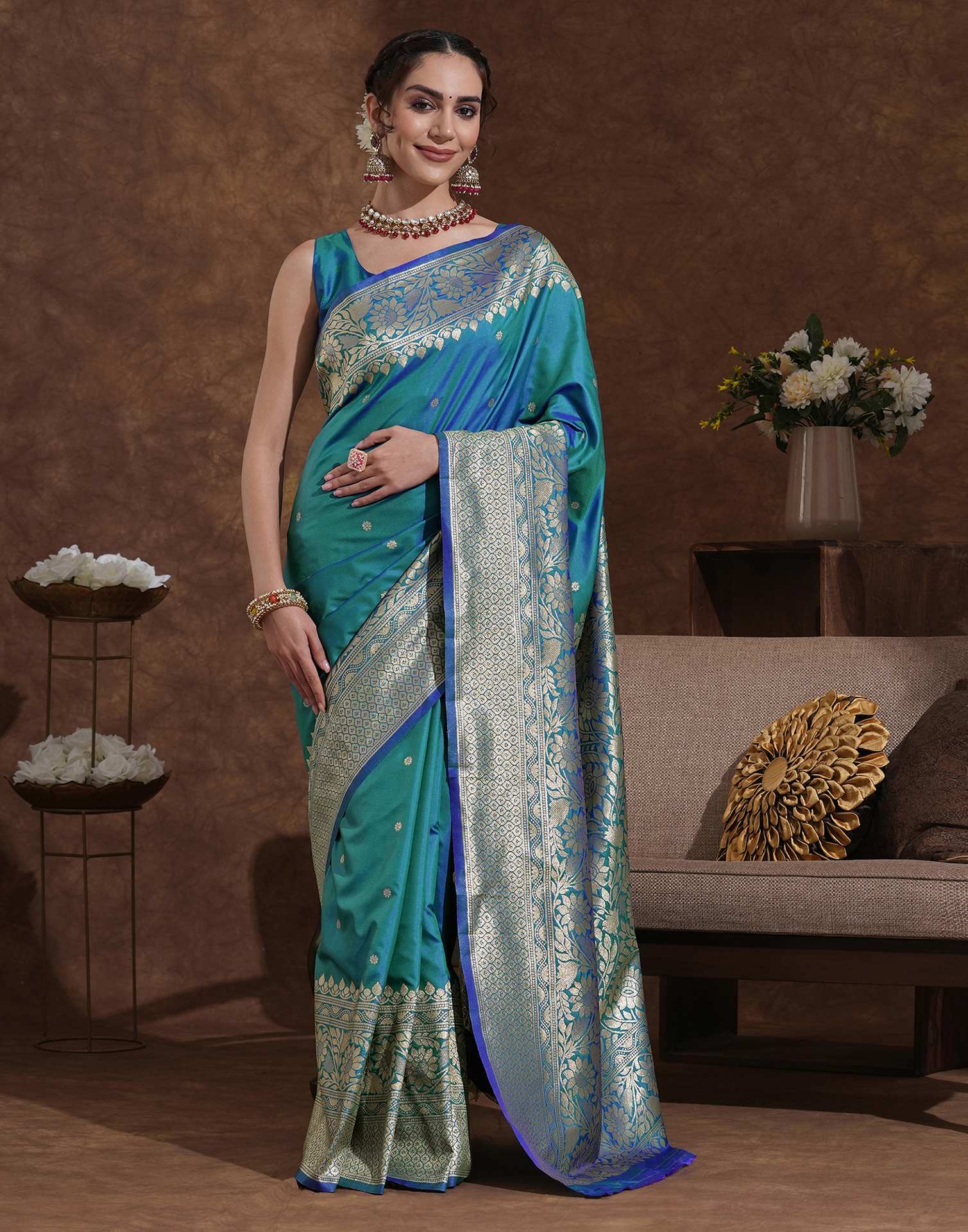 Turquoise Blue Silk Woven Kanjivaram Saree
