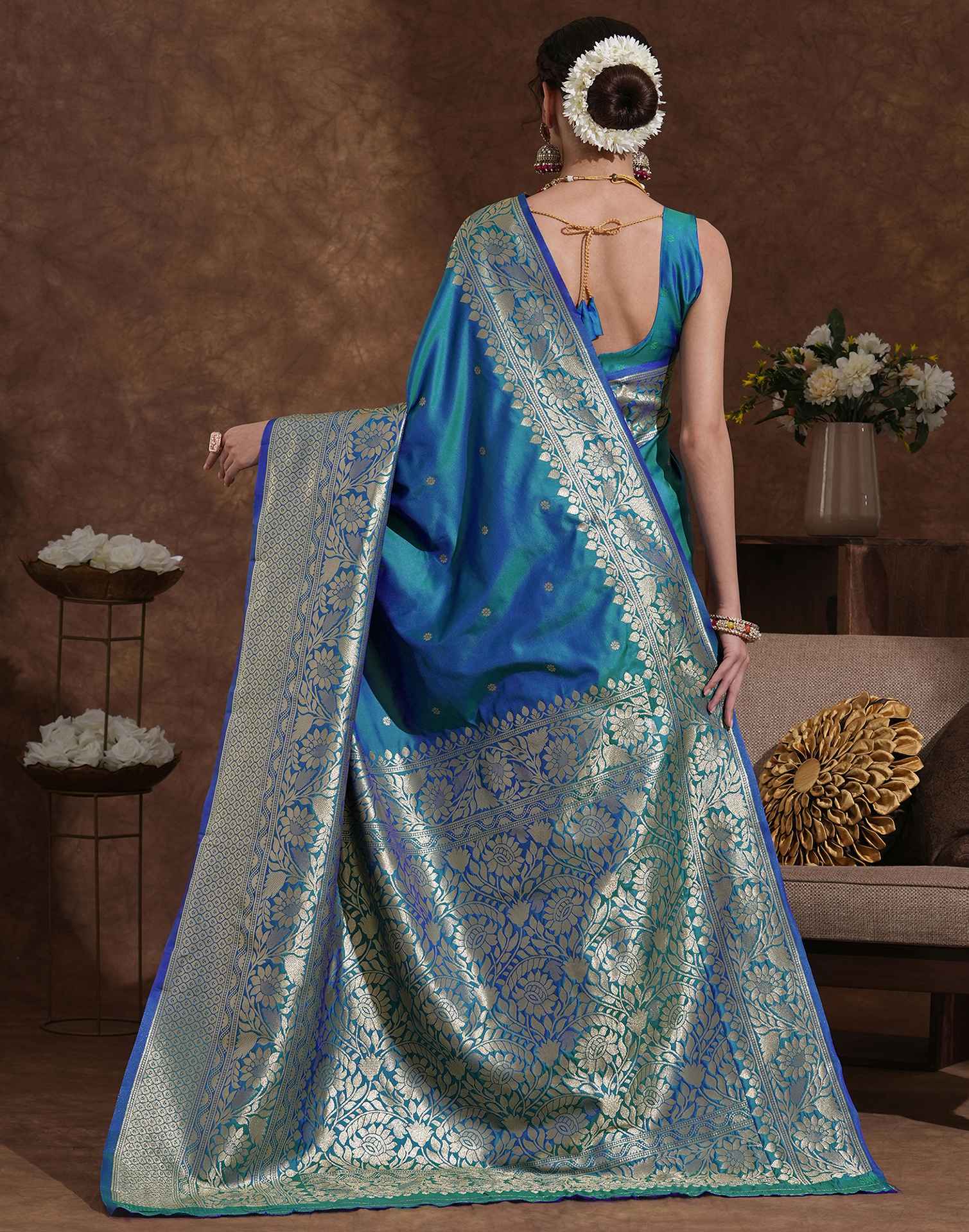 Turquoise Blue Silk Woven Kanjivaram Saree