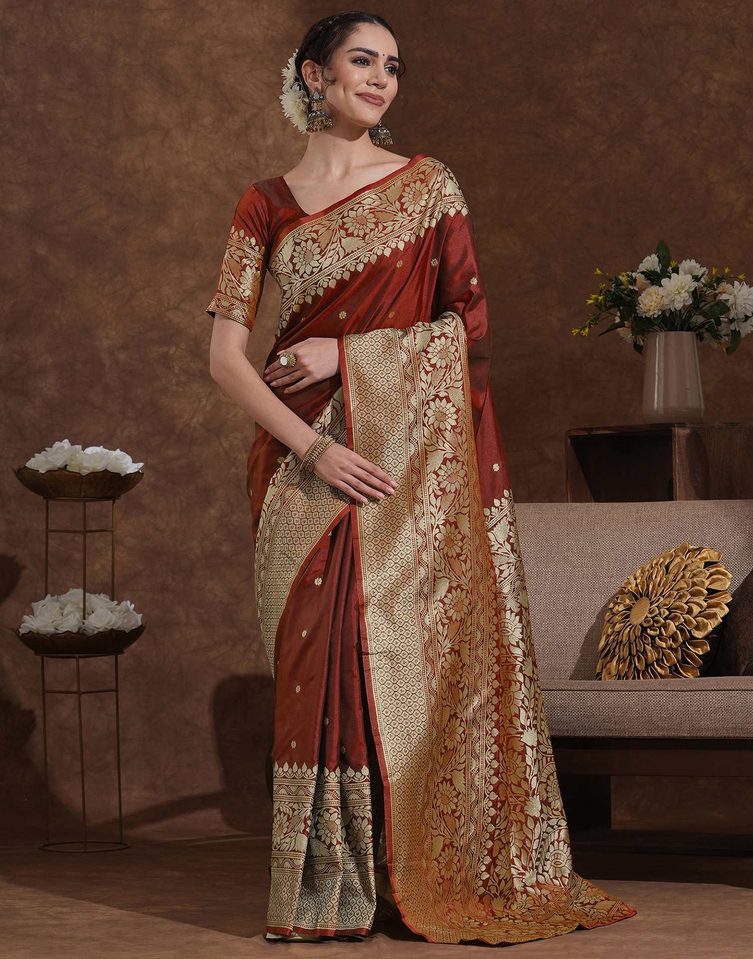 Maroon Silk Woven Kanjivaram Saree