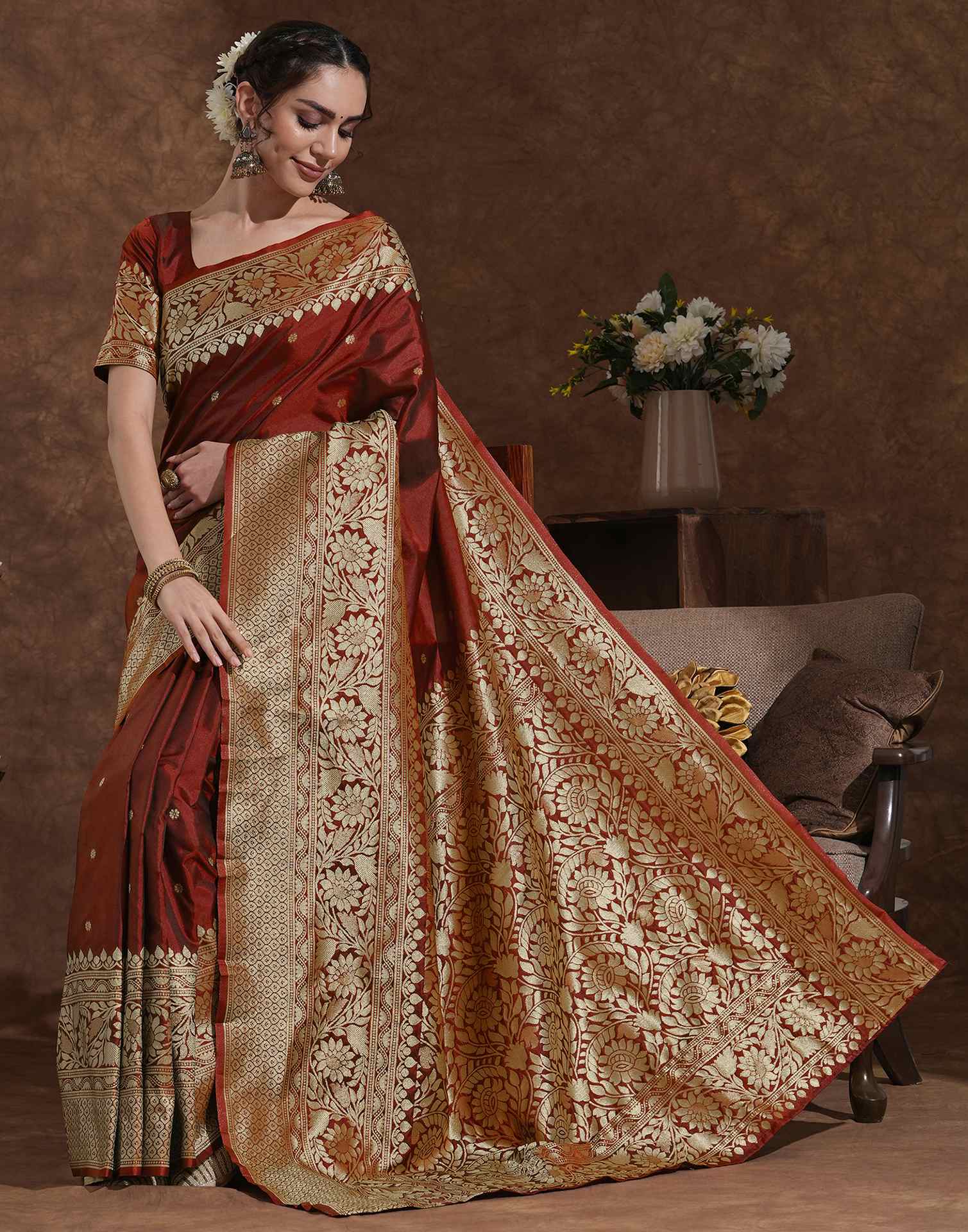 Maroon Silk Woven Kanjivaram Saree