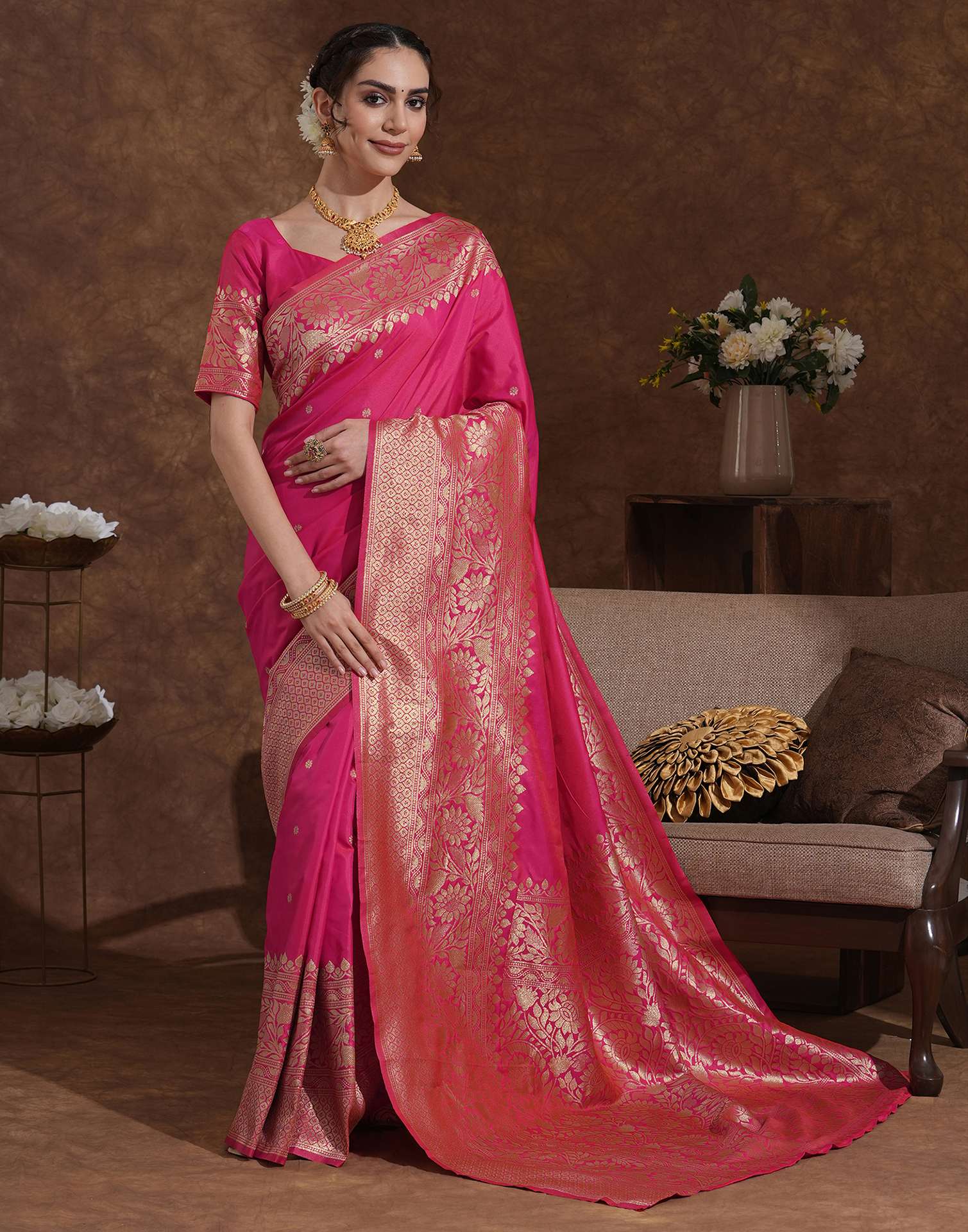 Rani Pink Silk Woven Kanjivaram Saree