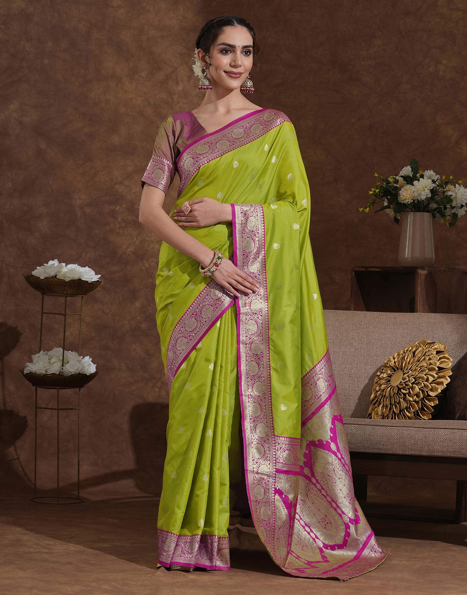 Parrot Green Silk Woven Banarasi Saree