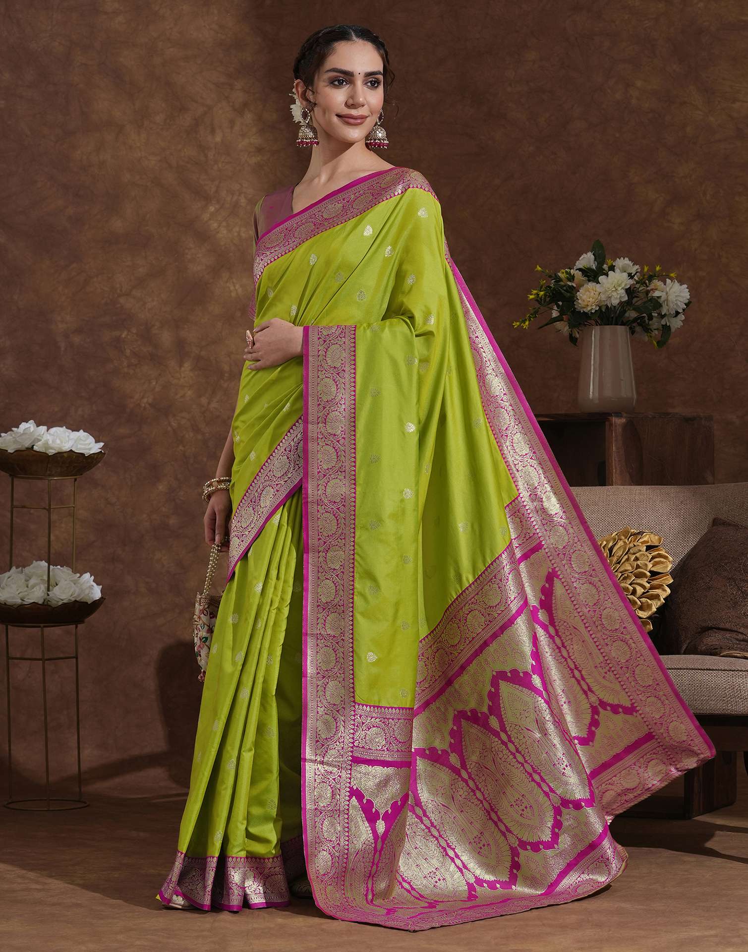 Parrot Green Silk Woven Banarasi Saree