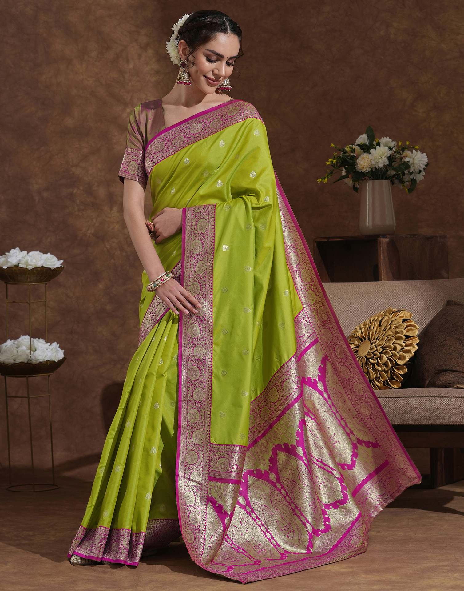 Parrot Green Silk Woven Banarasi Saree