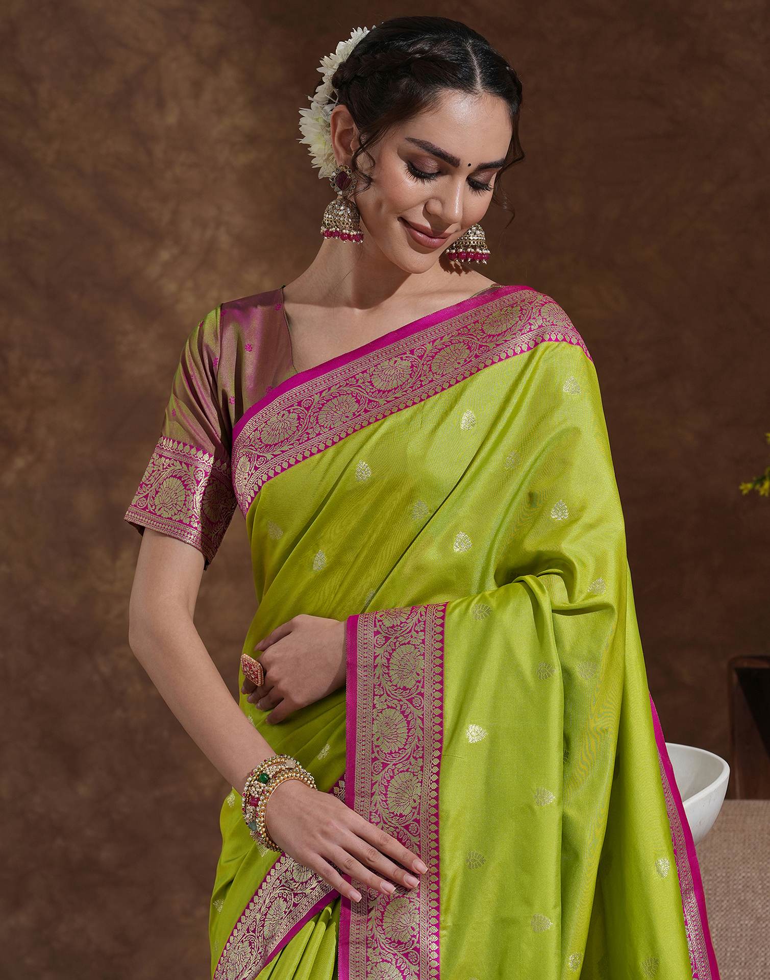 Parrot Green Silk Woven Banarasi Saree