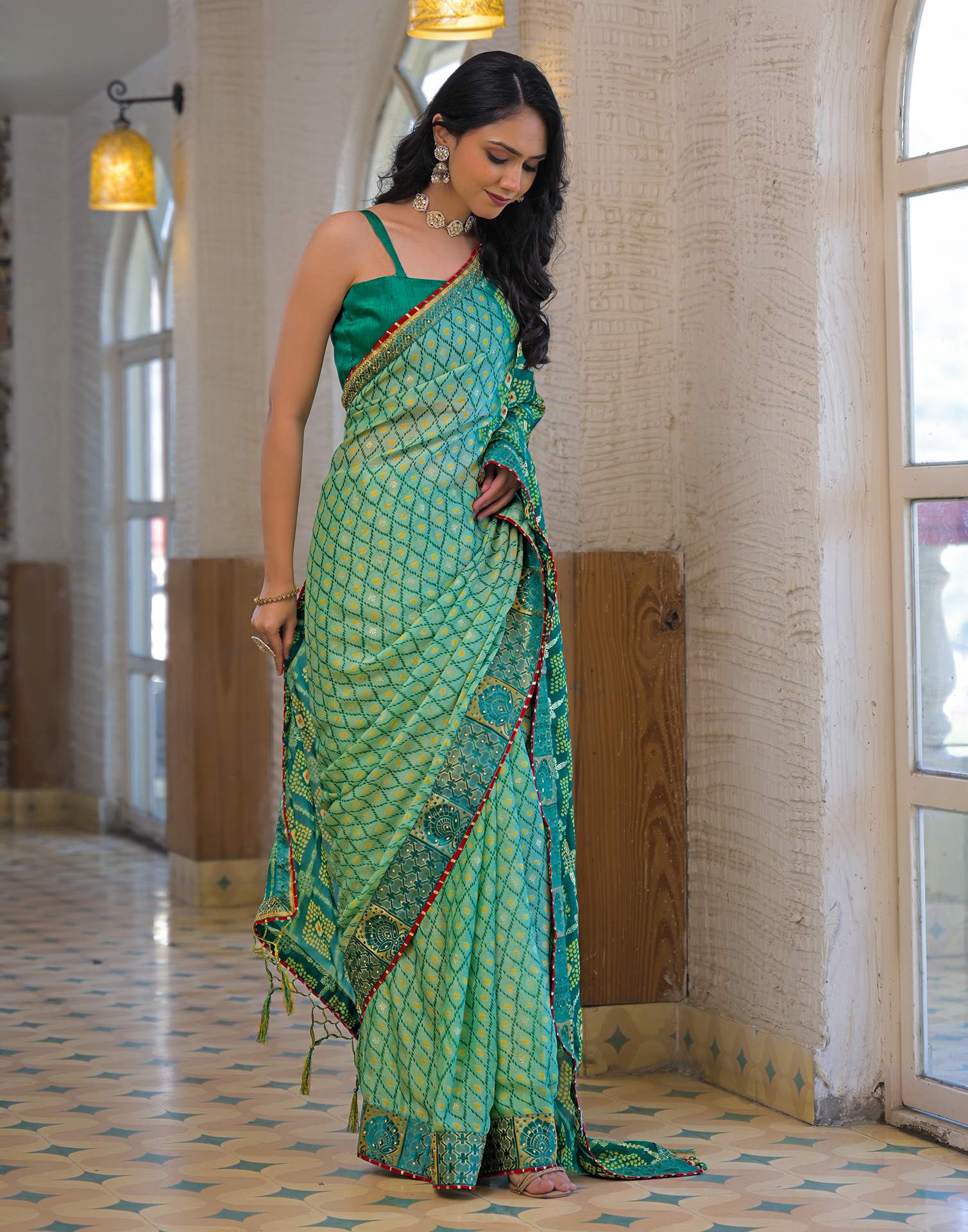 Pista Green Chiffon Foil Printed Bandhani Saree