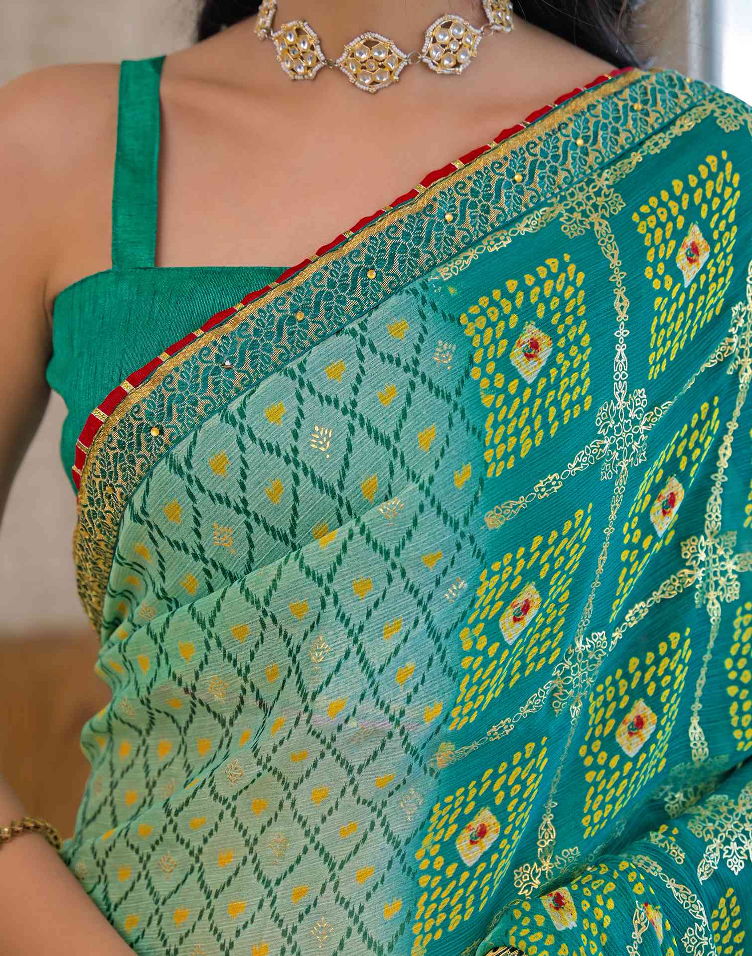 Pista Green Chiffon Foil Printed Bandhani Saree