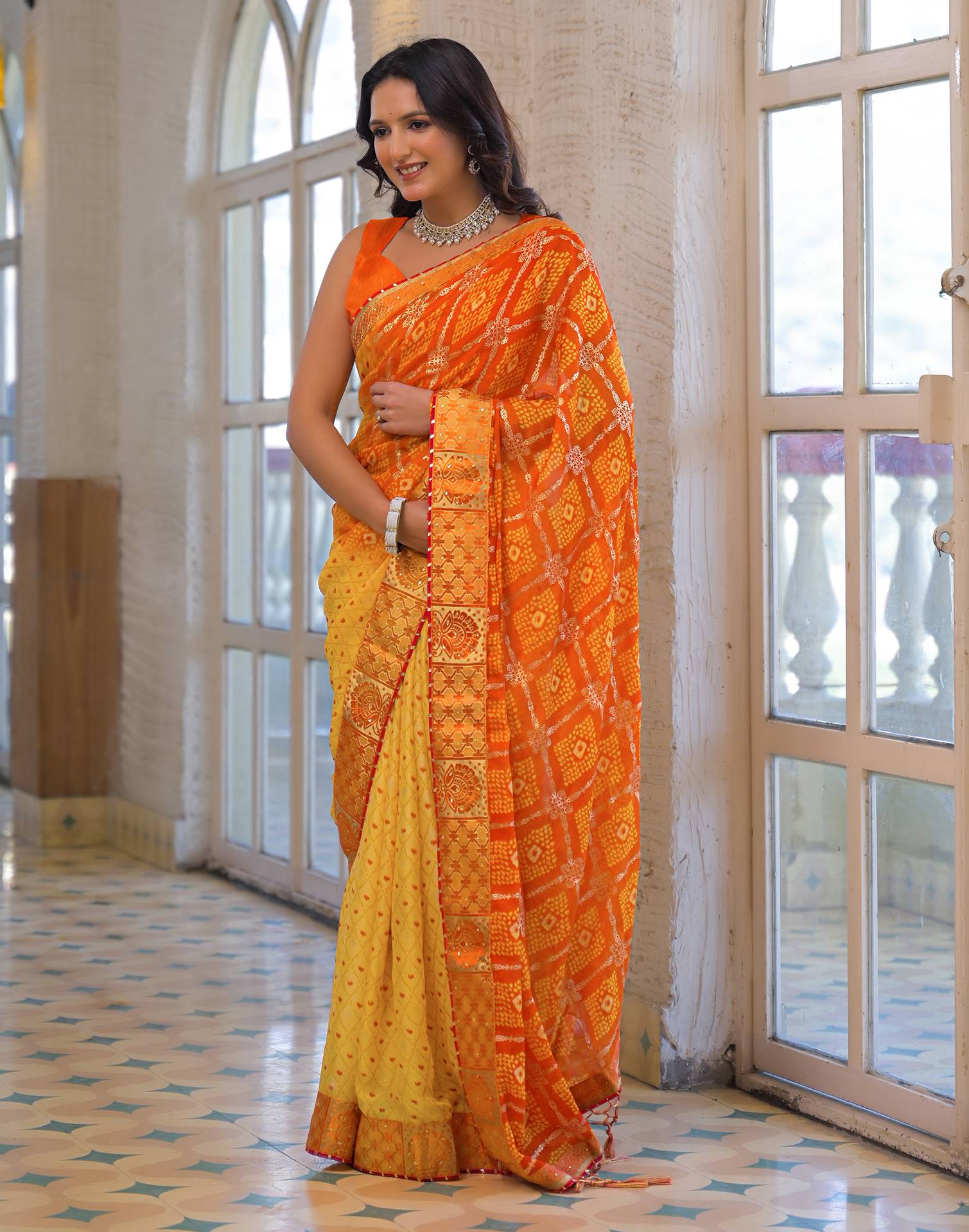 Light Yellow Chiffon Foil Printed Bandhani Saree