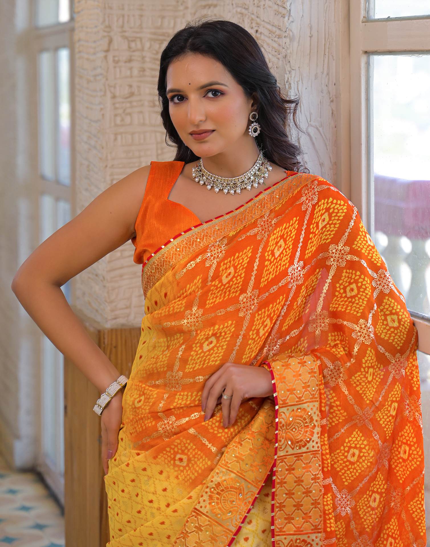 Light Yellow Chiffon Foil Printed Bandhani Saree