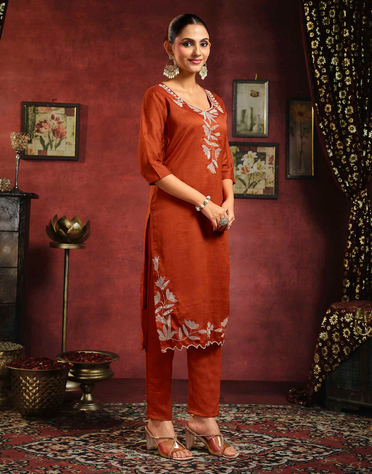 Rust Orange Vichitra Silk Sequence Embroidery Straight Kurta Set With Dupatta
