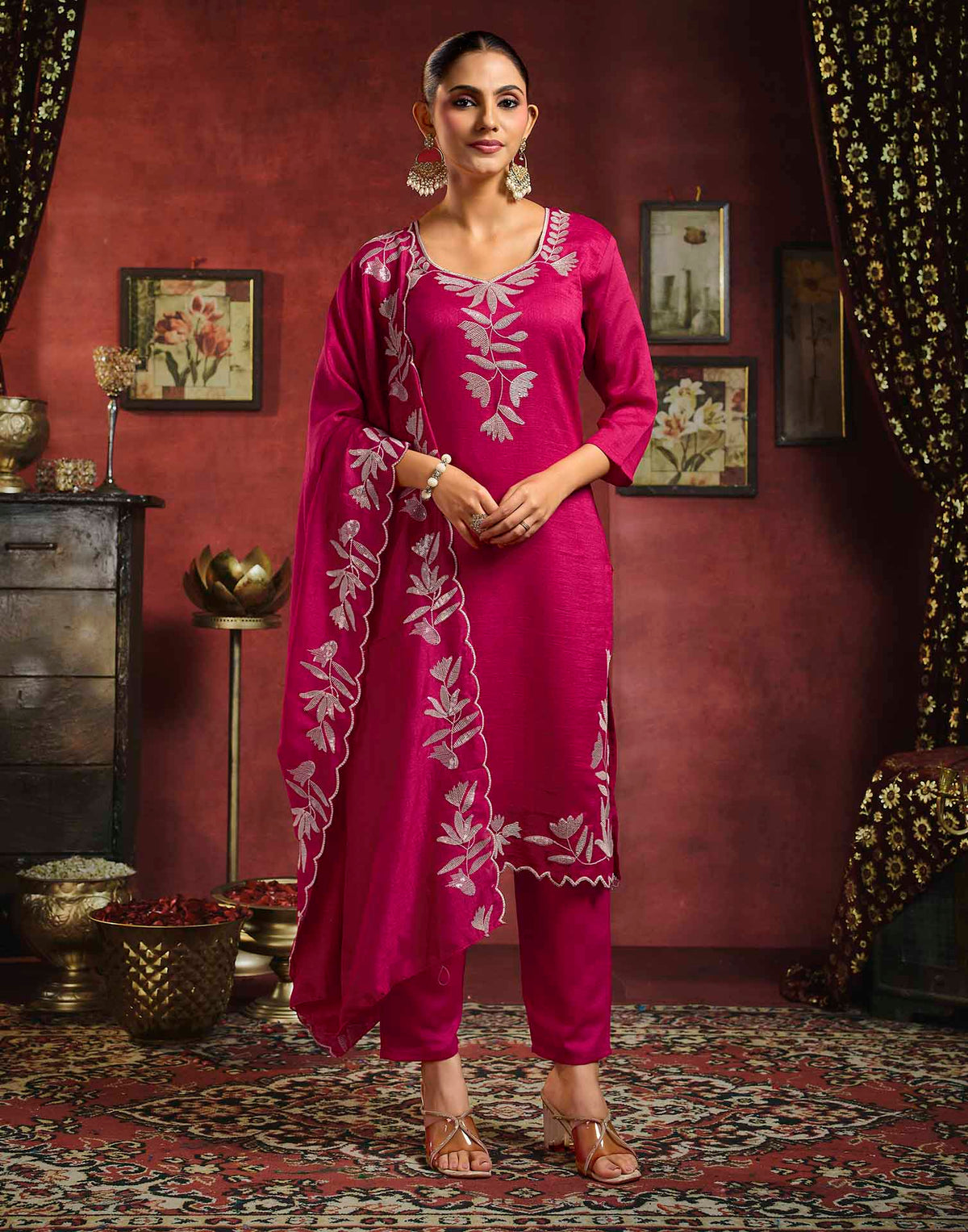 Dark Pink Vichitra Silk Sequence Embroidery Straight Kurta Set With Dupatta