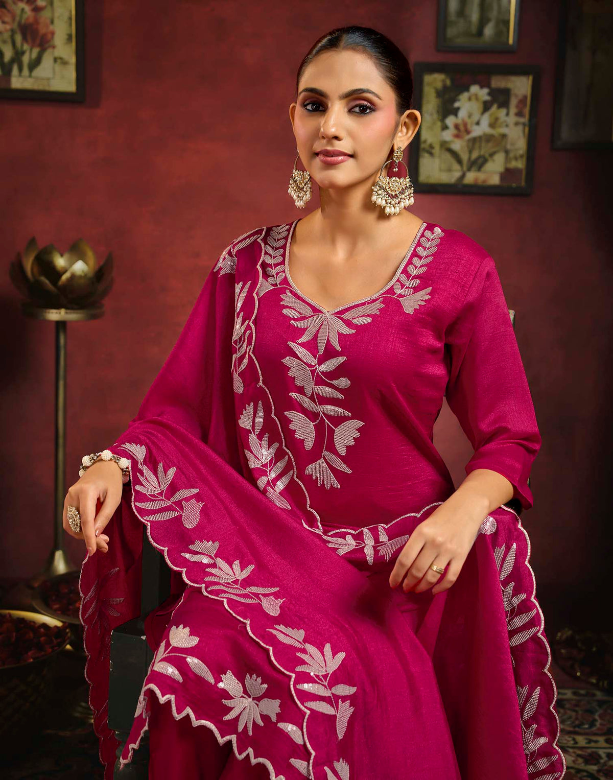 Dark Pink Vichitra Silk Sequence Embroidery Straight Kurta Set With Dupatta