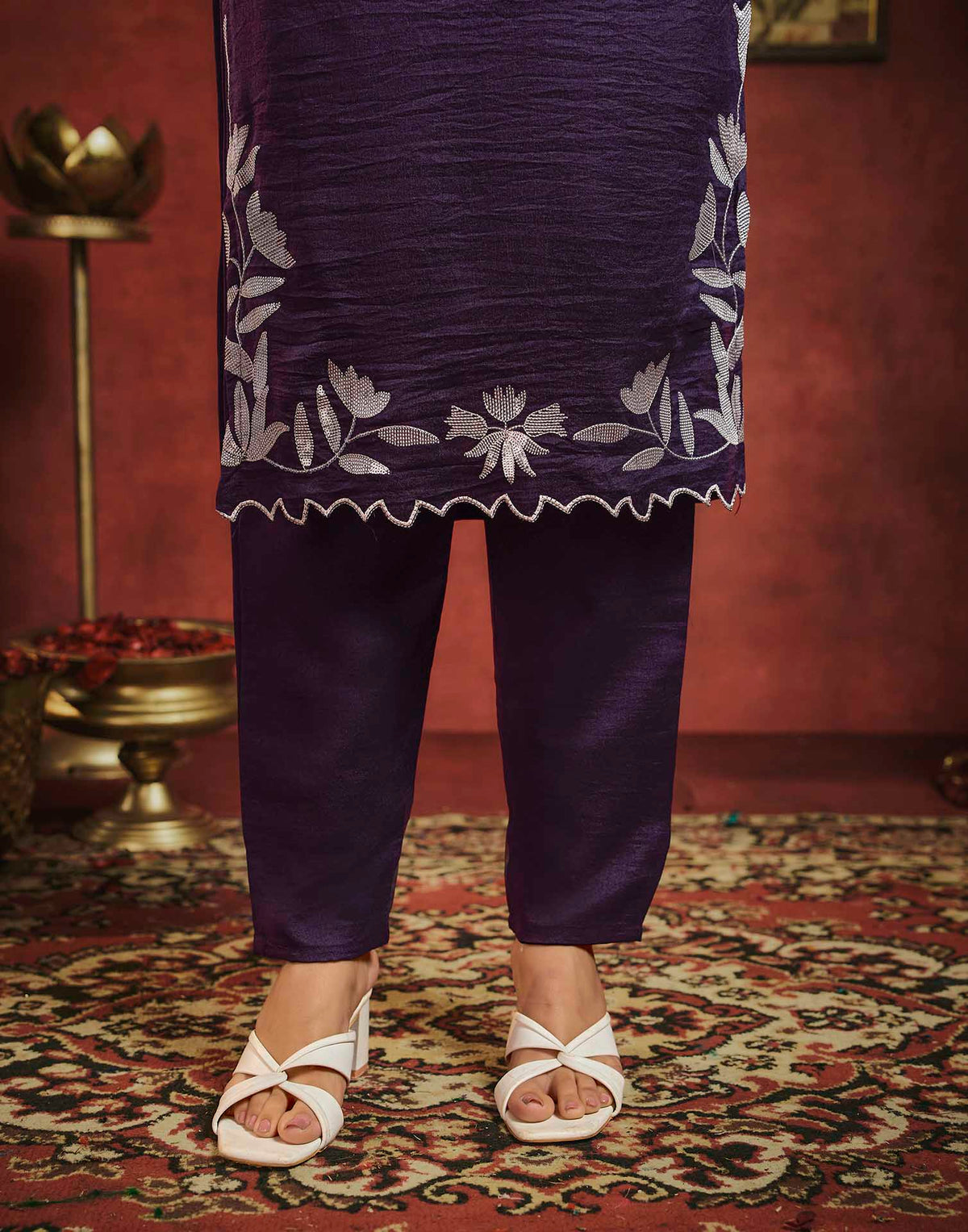 Wine Vichitra Silk Sequence Embroidery Straight Kurta Set With Dupatta