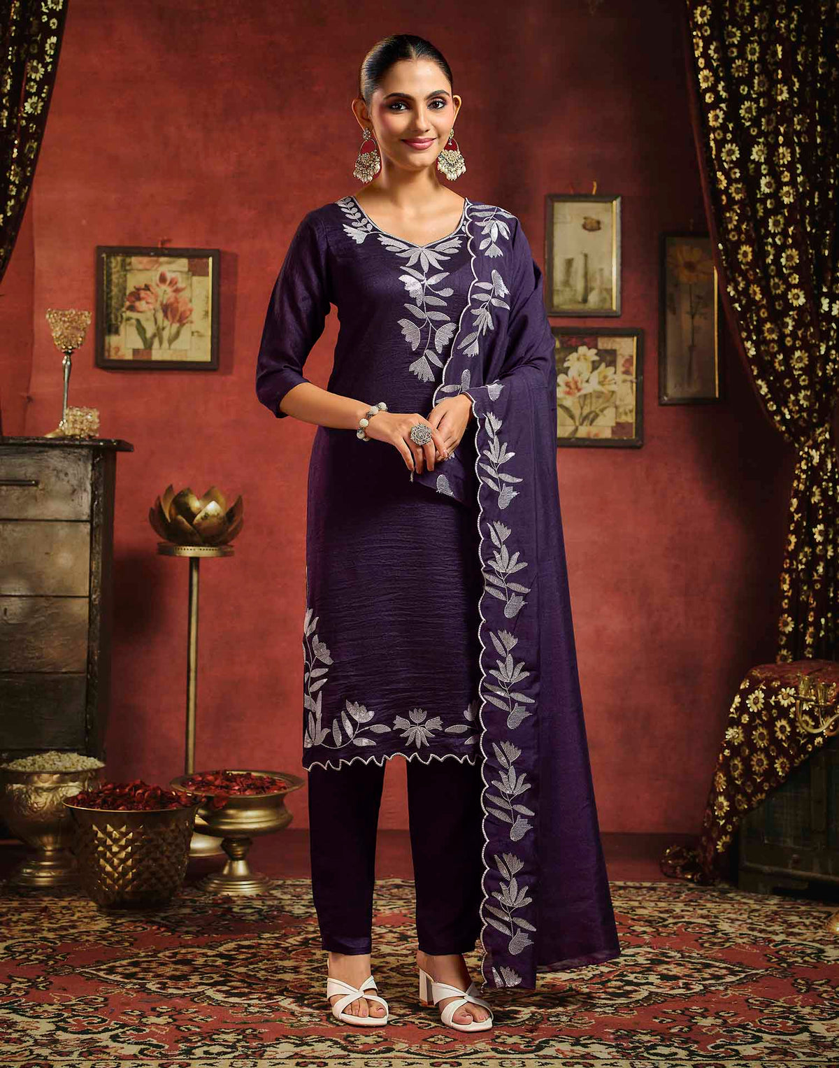 Wine Vichitra Silk Sequence Embroidery Straight Kurta Set With Dupatta