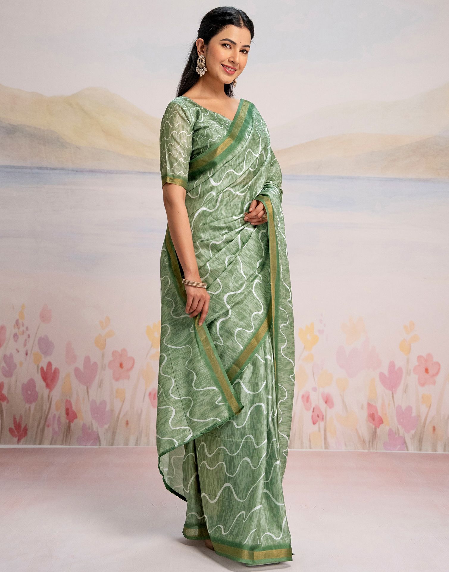 Ready To Wear Pista Green Silk Printed Saree