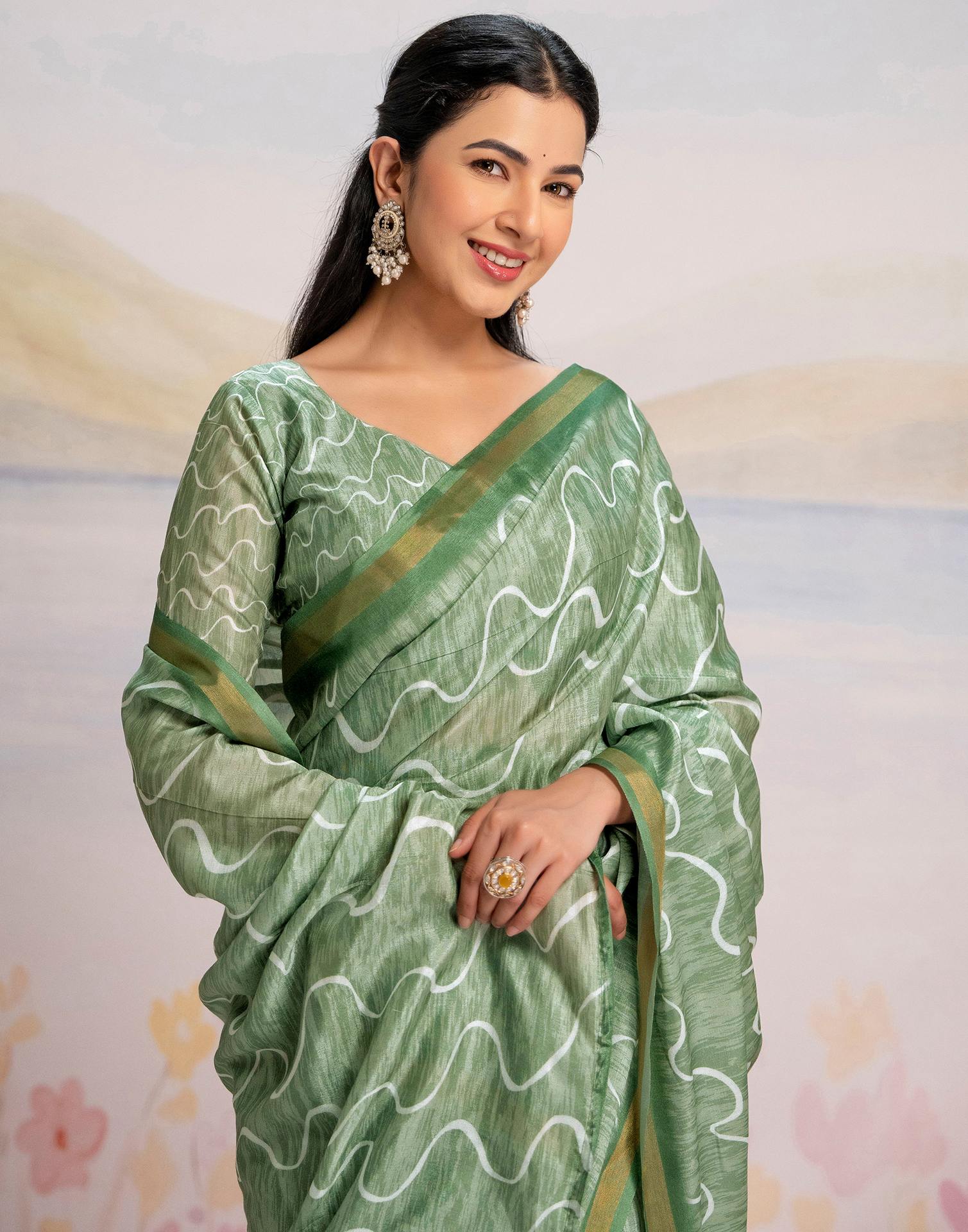 Ready To Wear Pista Green Silk Printed Saree