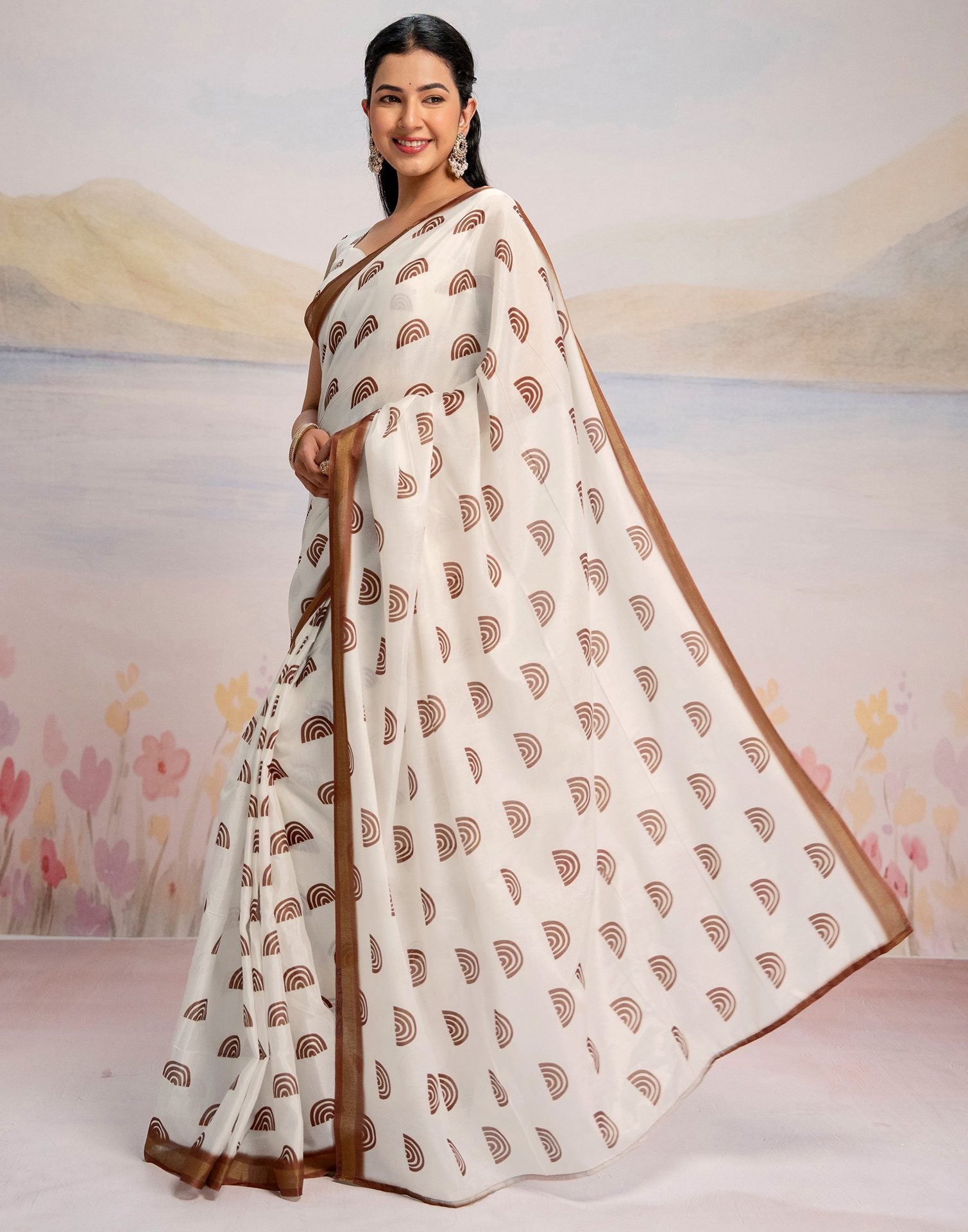 Ready To Wear Off White Silk Printed Saree
