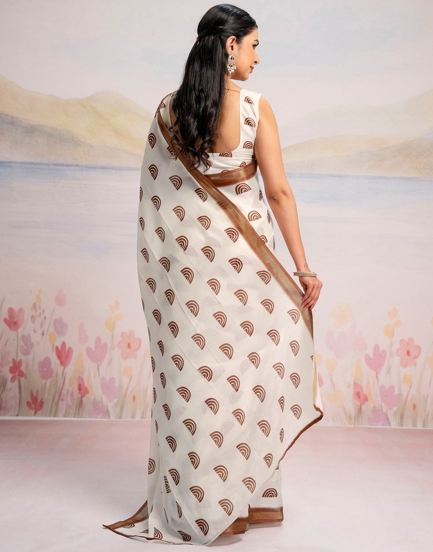 Ready To Wear Off White Silk Printed Saree