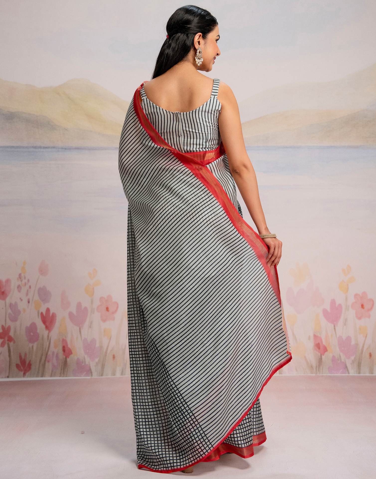 Ready To Wear Off White Silk Printed Saree