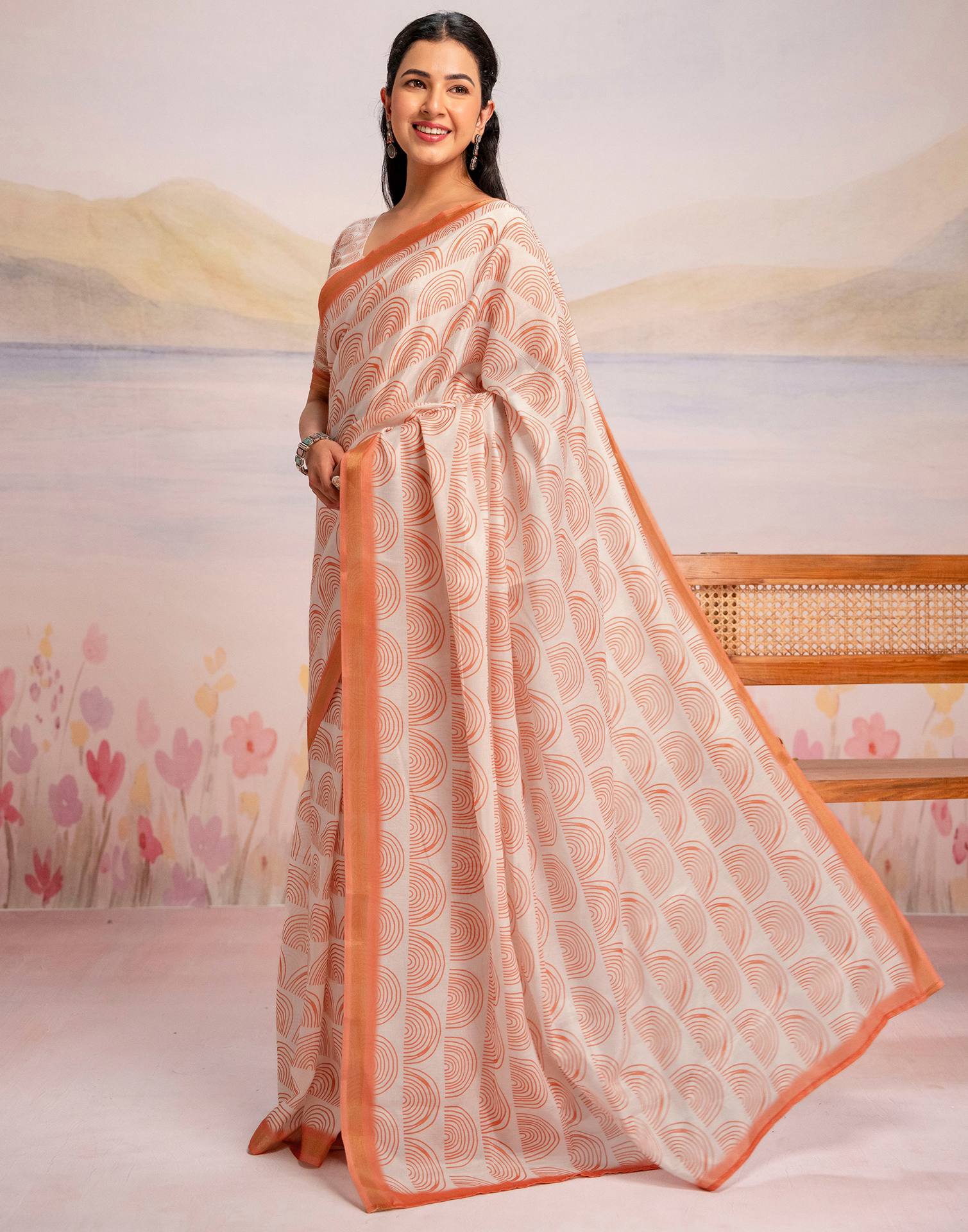 Ready To Wear Off White Silk Printed Saree