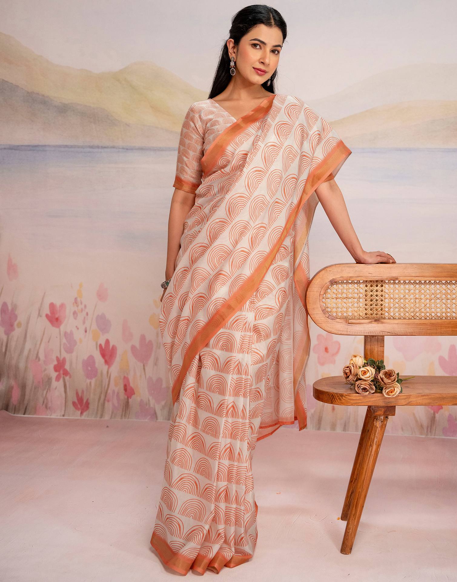 Ready To Wear Off White Silk Printed Saree