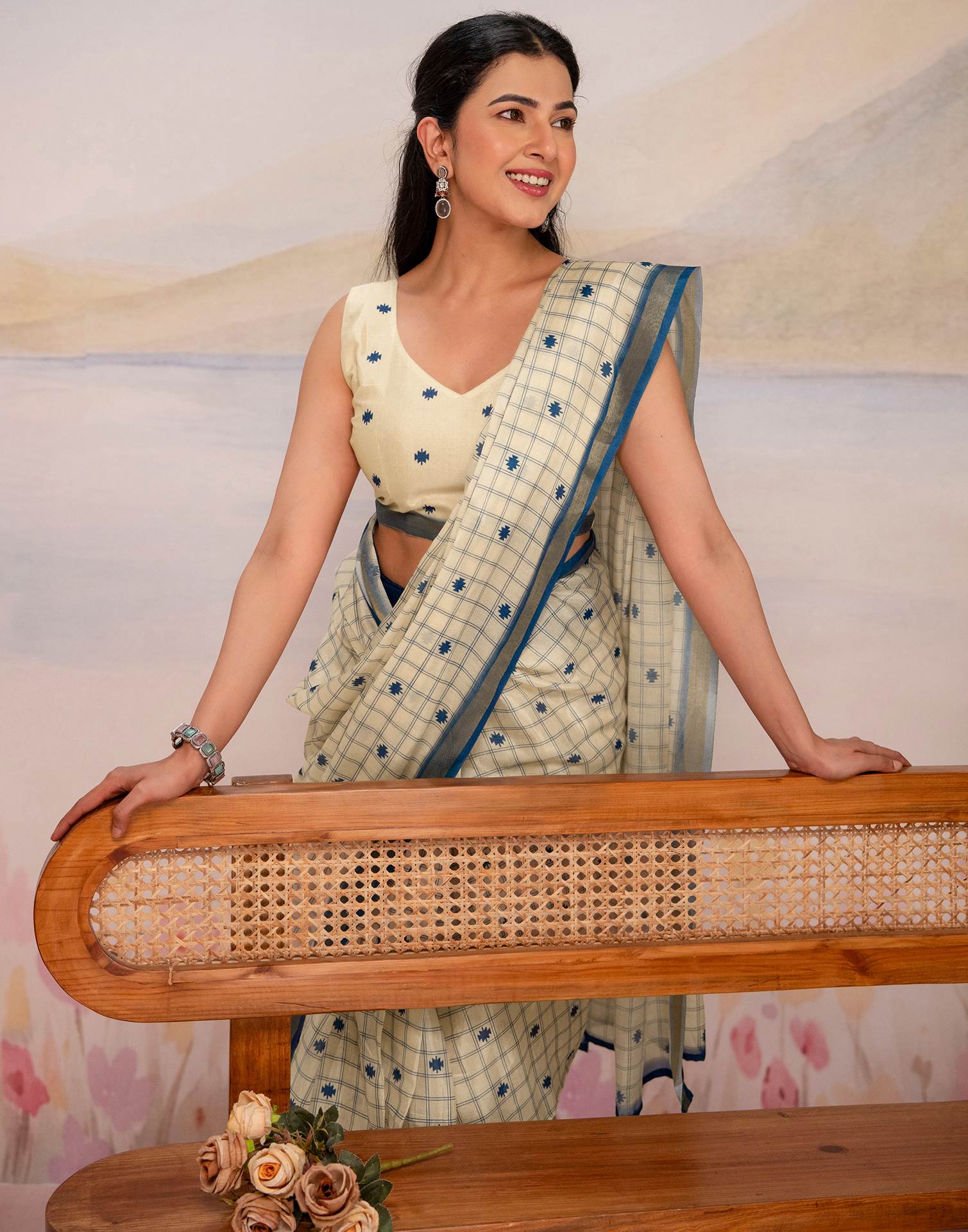 Ready To Wear Cream Silk Printed Saree