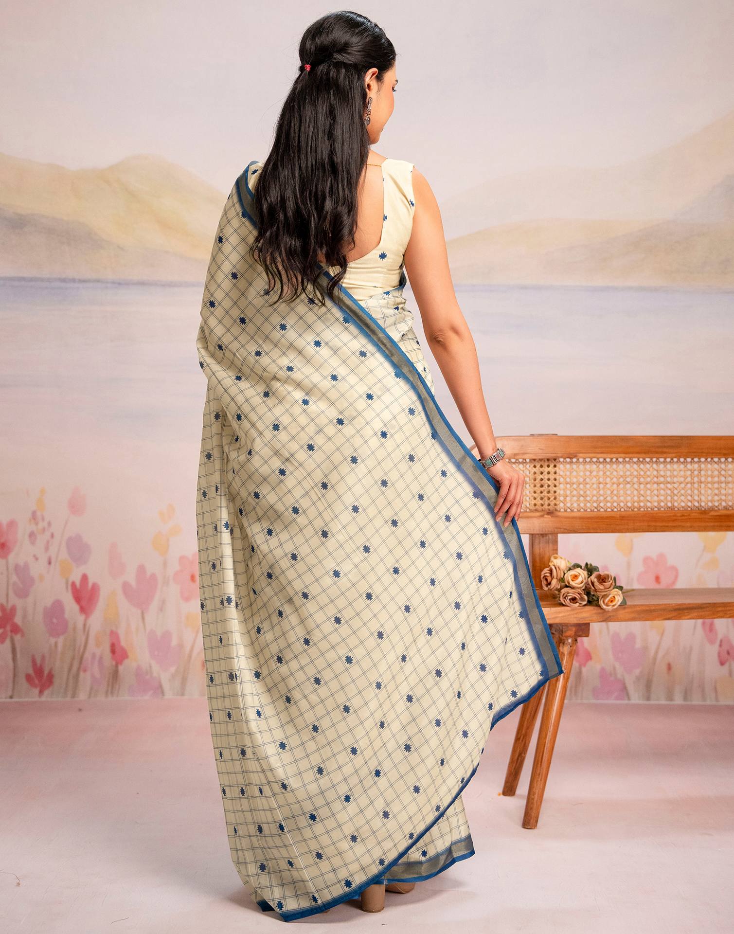 Ready To Wear Cream Silk Printed Saree