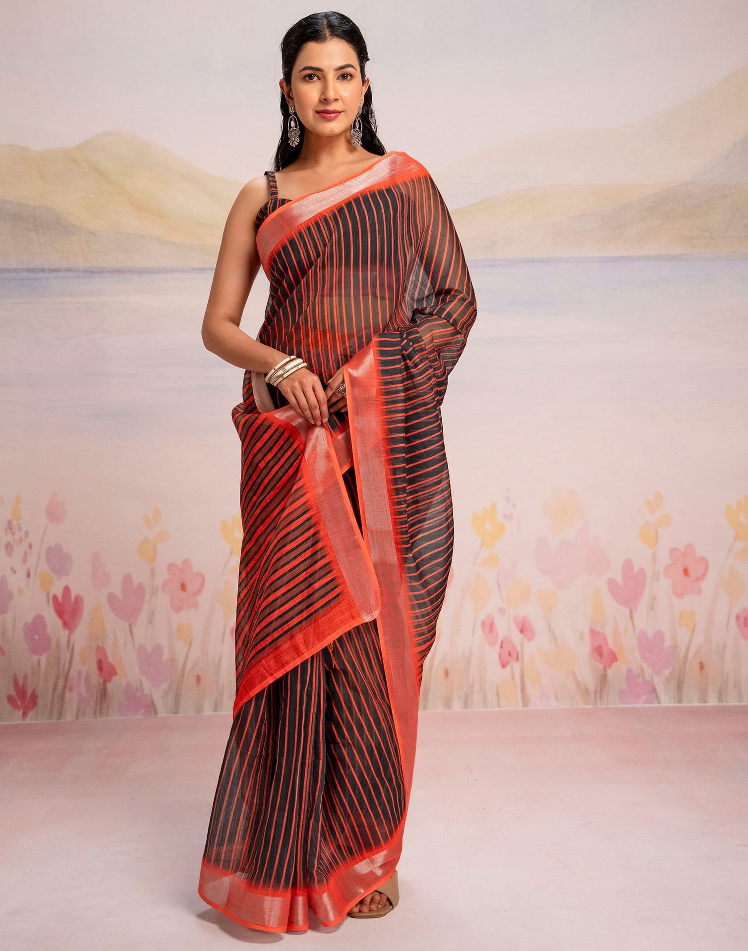 Ready To Wear Black Silk Printed Saree