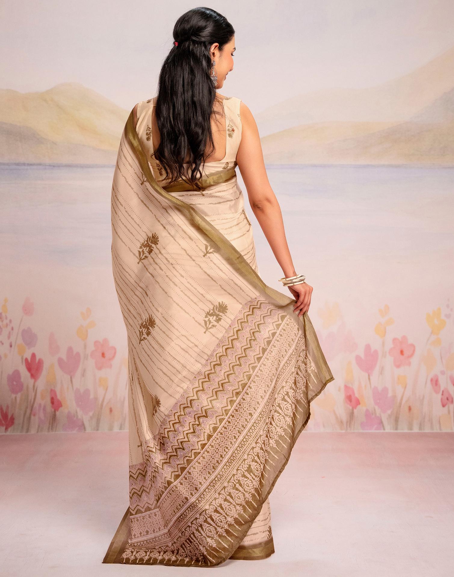 Ready To Wear Peach Silk Printed Saree