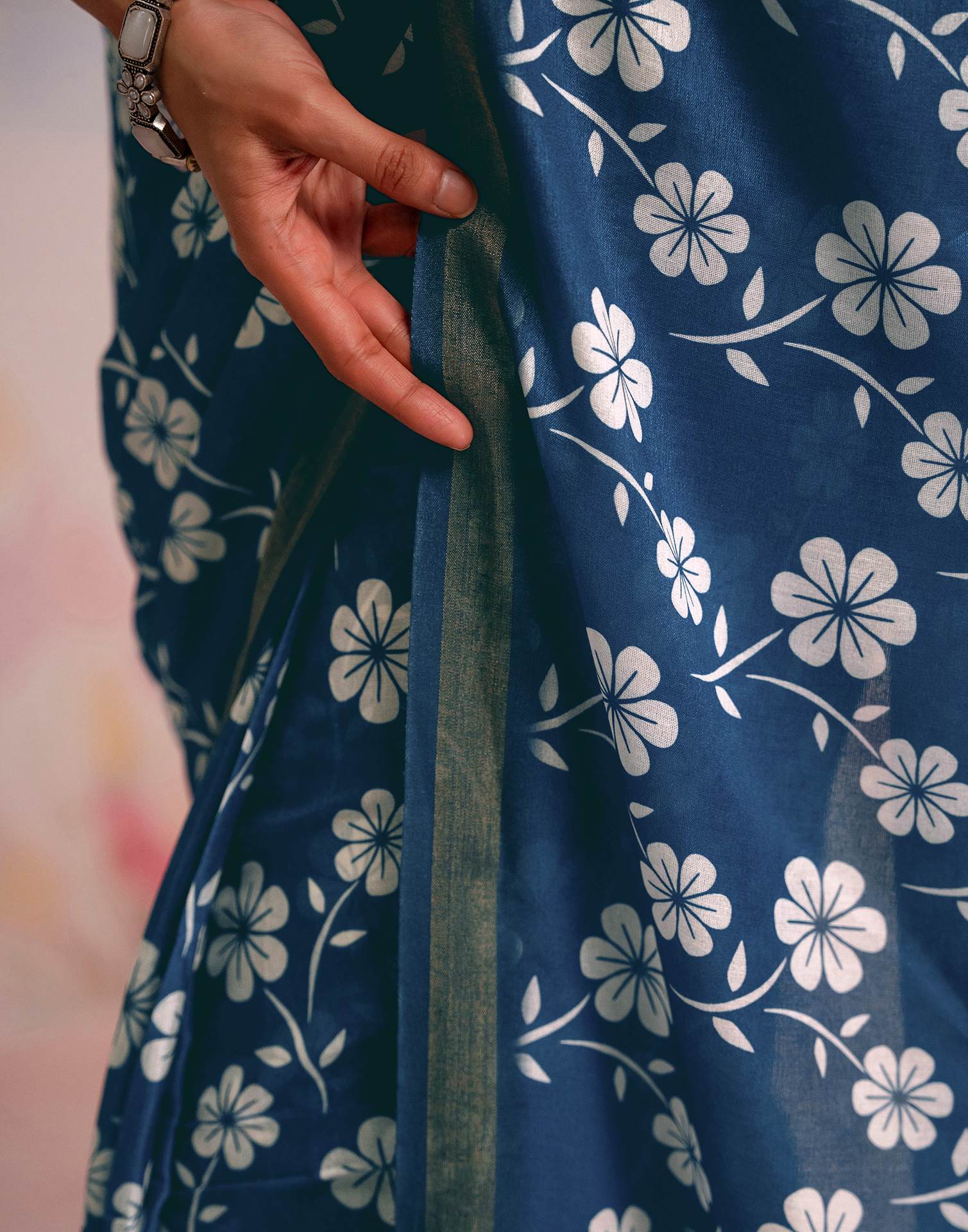 Ready To Wear Blue Silk Floral Printed Saree