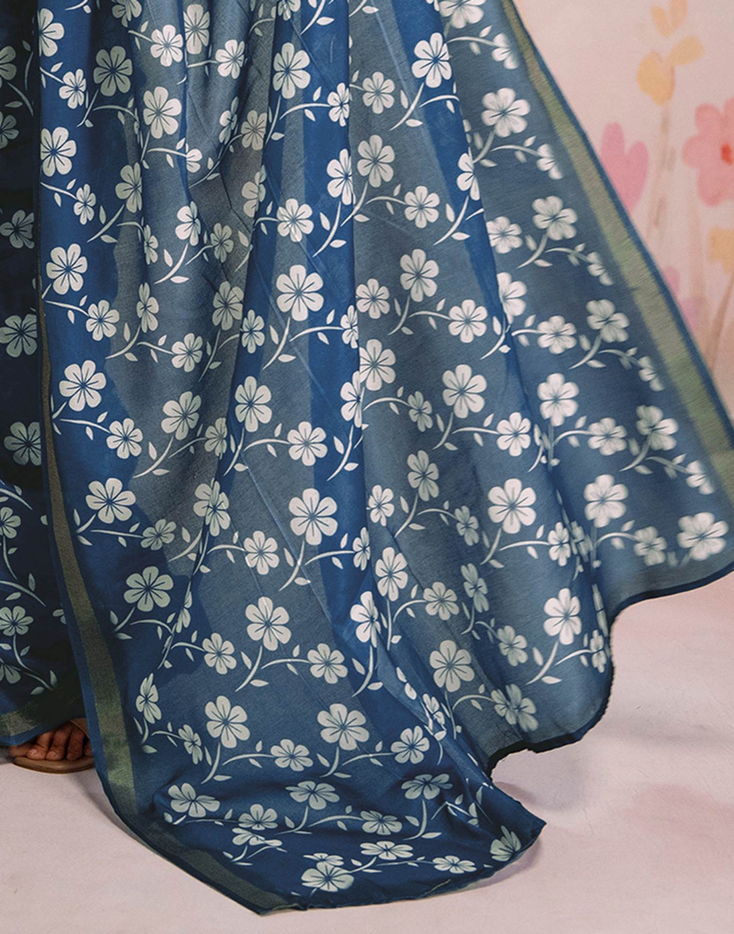 Ready To Wear Blue Silk Floral Printed Saree