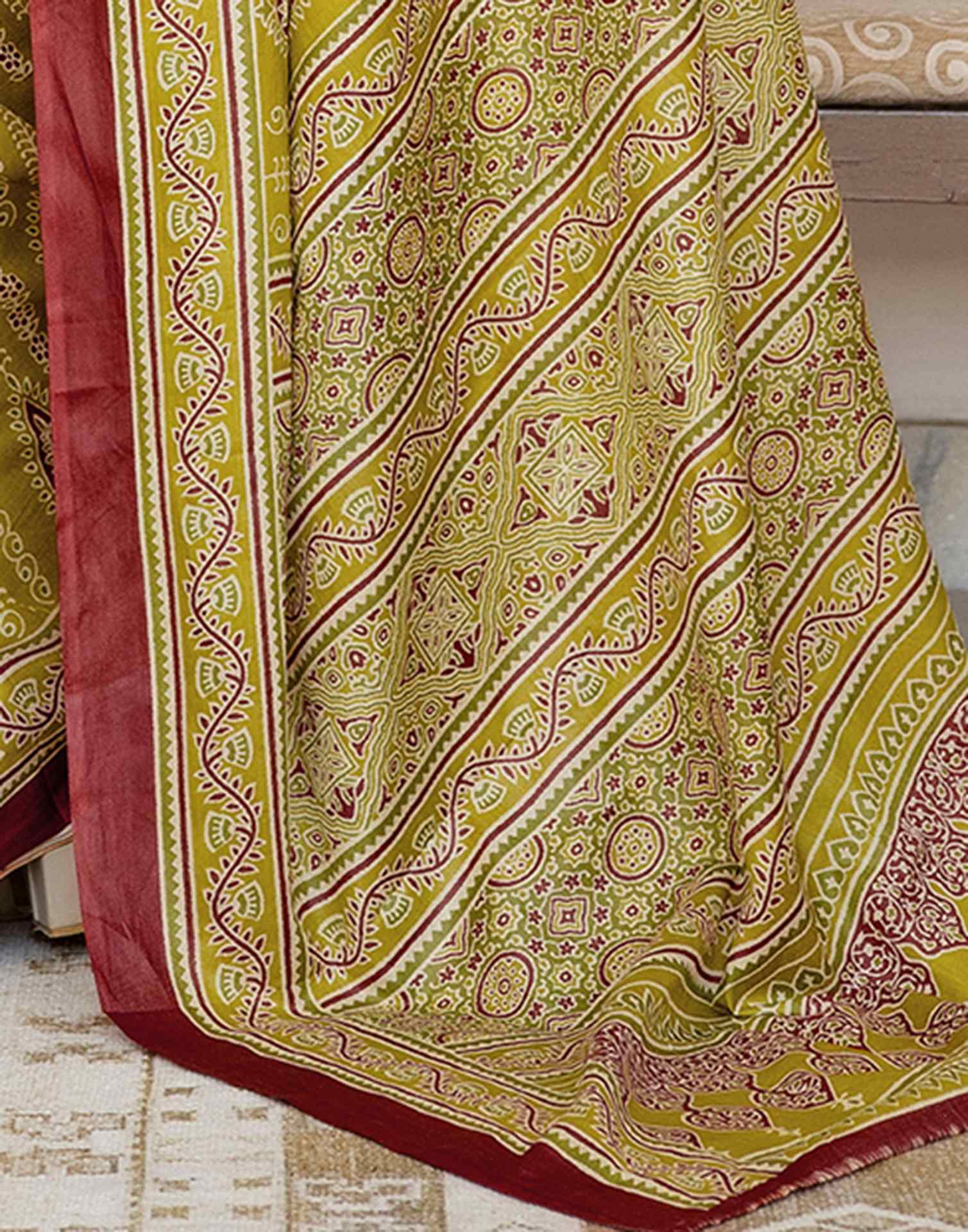 Lime Green Cotton Printed Saree