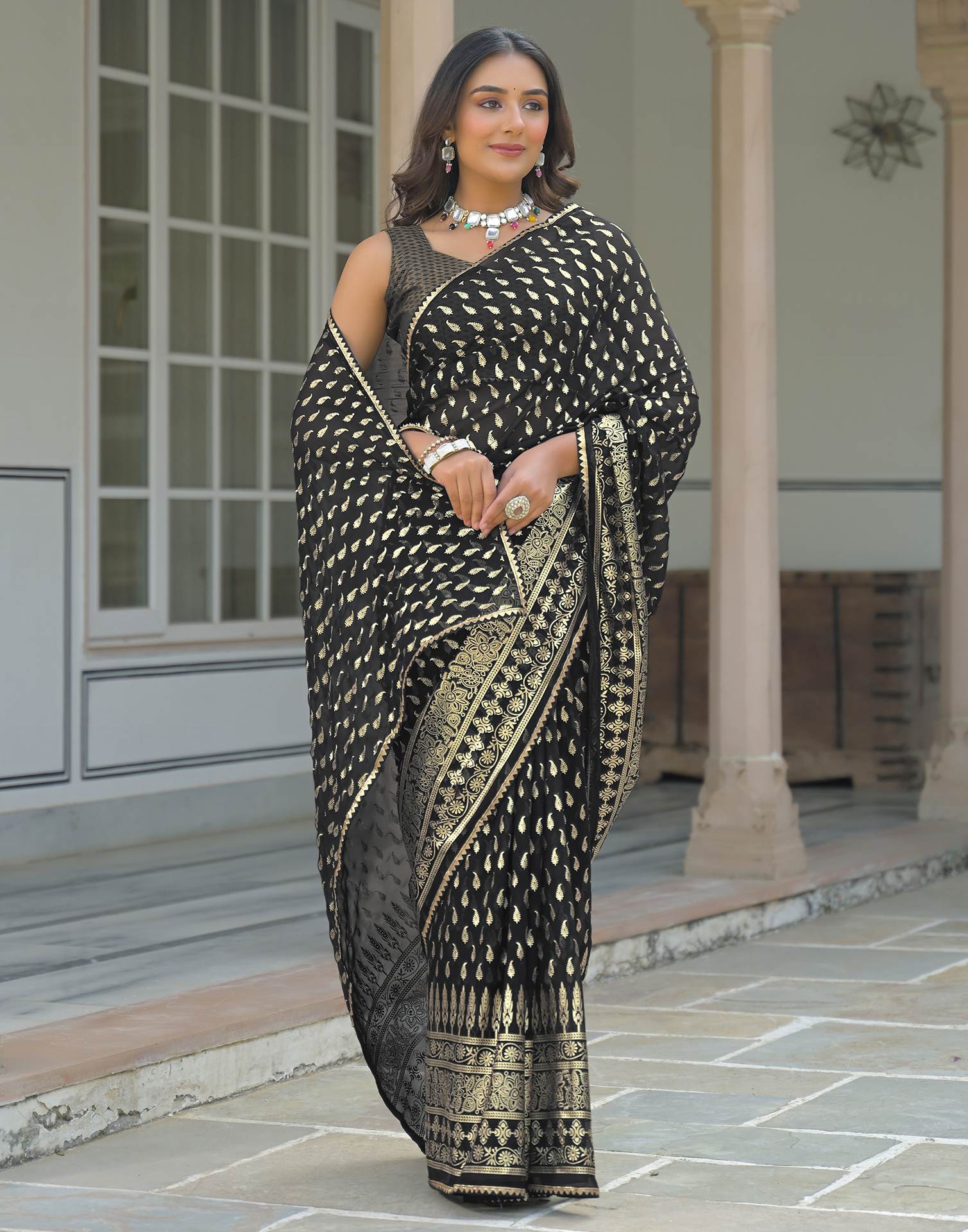 Black Georgette Foil Printed Saree