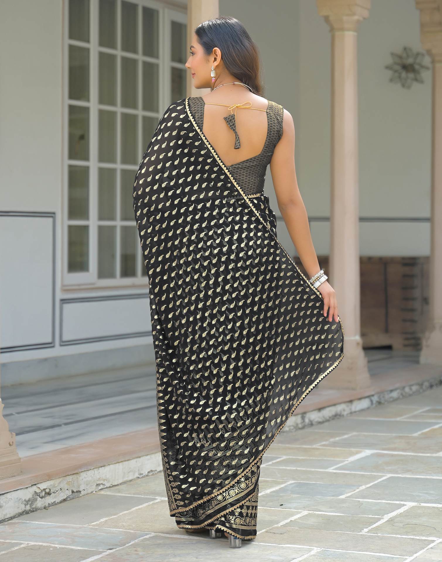Black Georgette Foil Printed Saree