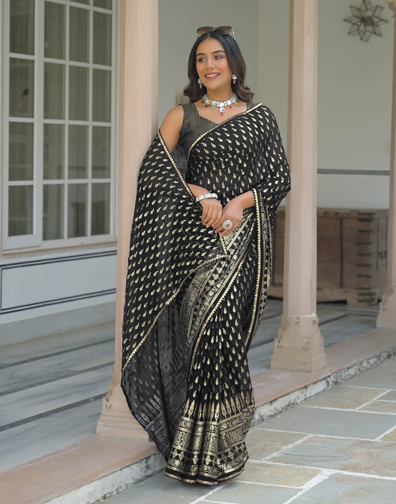 Black Georgette Foil Printed Saree