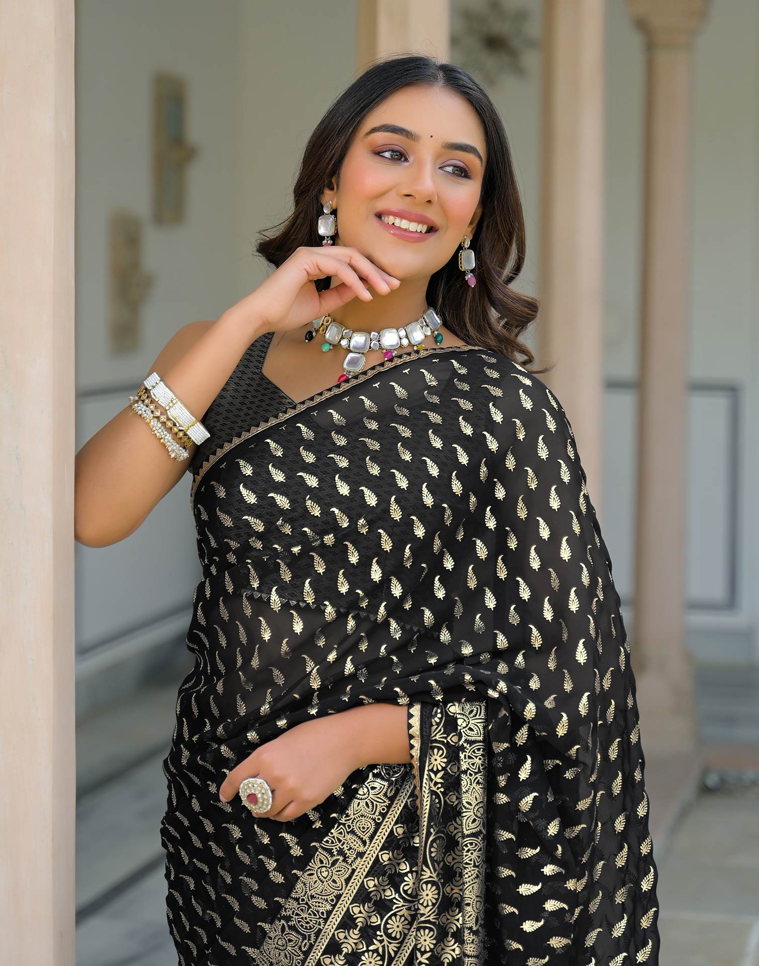 Black Georgette Foil Printed Saree