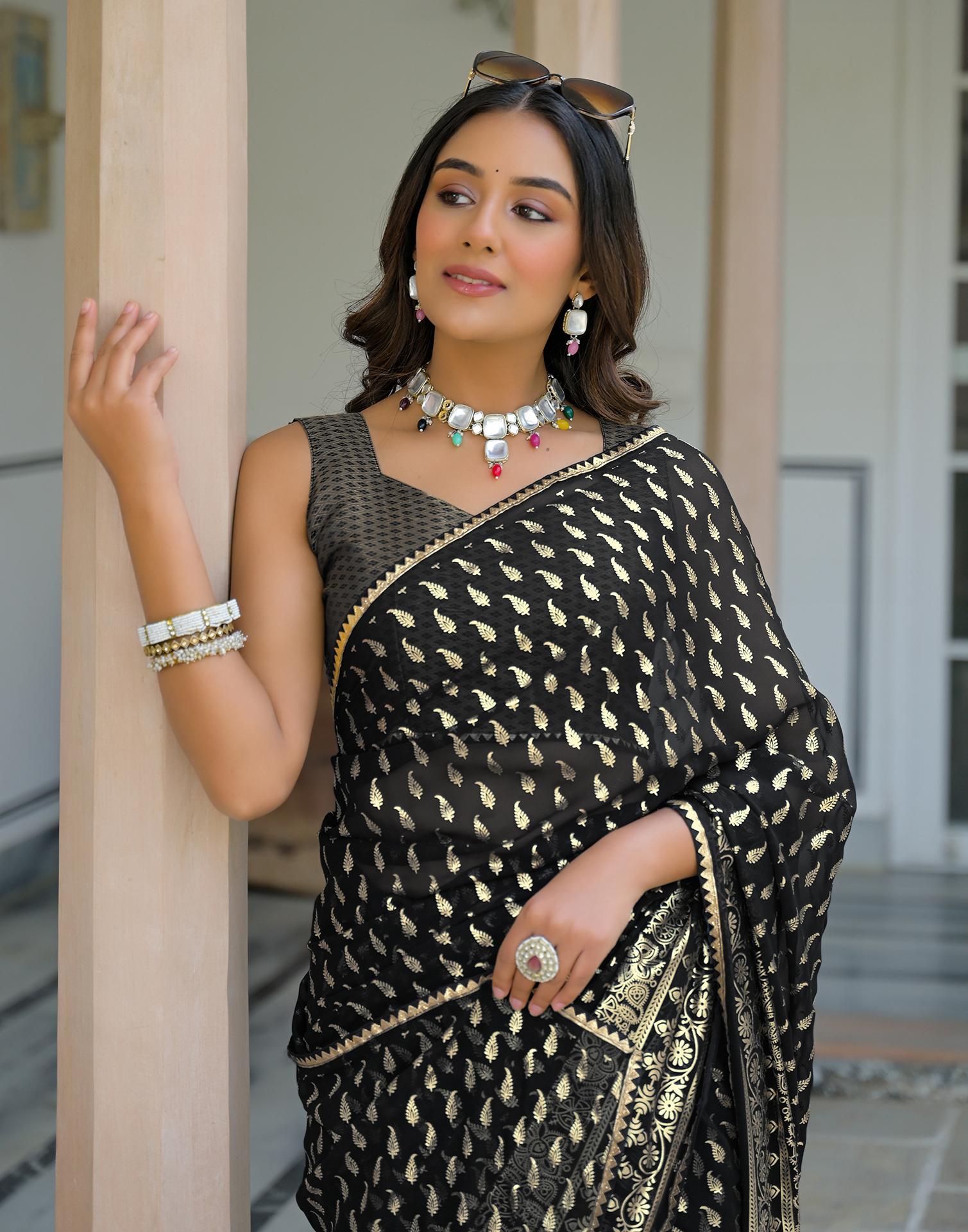 Black Georgette Foil Printed Saree
