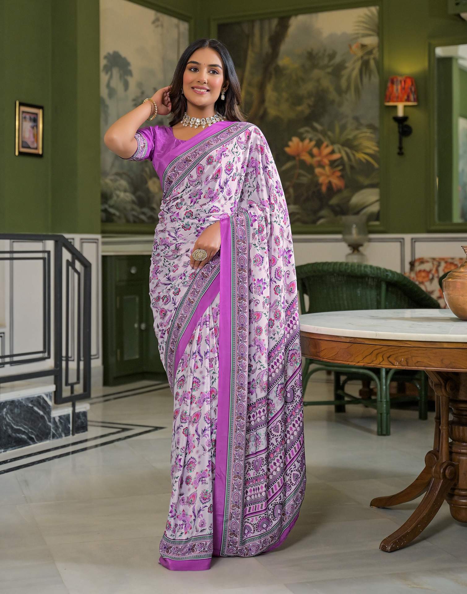 Light Pink Crepe Silk Printed Saree
