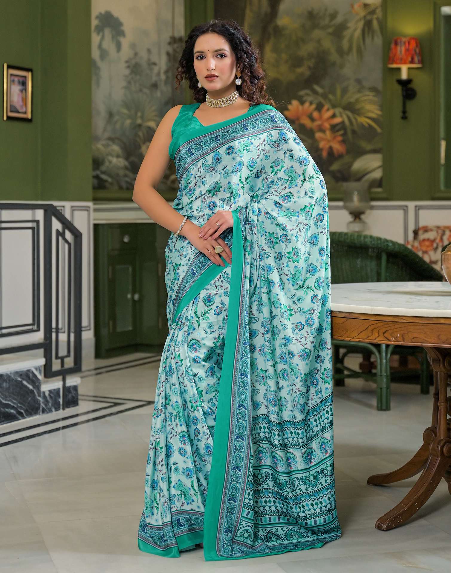 Light Mint Green Crepe Silk Printed Saree
